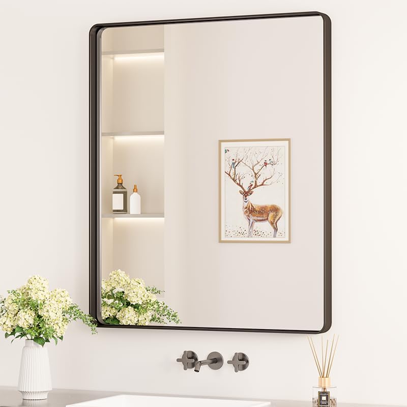 Keonjinn 20 x 30 Inch Brushed Nickel Bathroom Mirrors for Over Sink, Rounded Rectangle Silver Bathroom Vanity Mirror, Farmhouse Mirror for Wall, HD Tempered Glass, Anti-Rust Aluminum Alloy Mirror