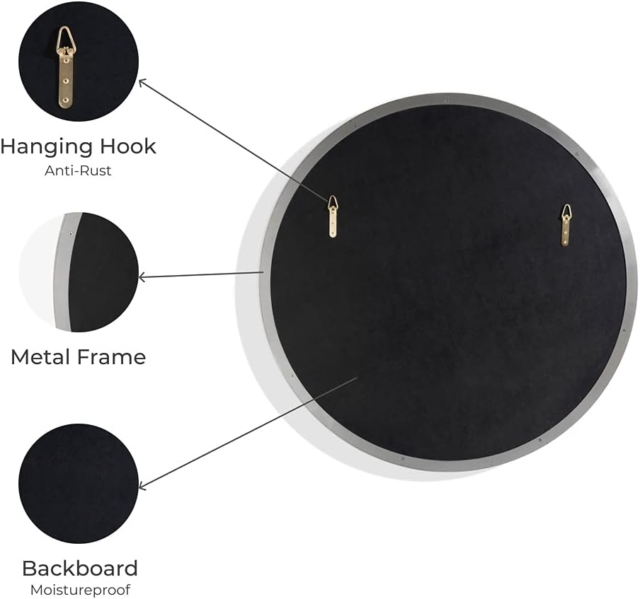 ARIEL 30 Inch Stainless Steel Frame Round Wall Mirror, Distortion Free, 2" Deep Set Frame, Décor Mirror for Bathroom, Living Room, Bedroom and Hall Entryway - Brushed Nickel