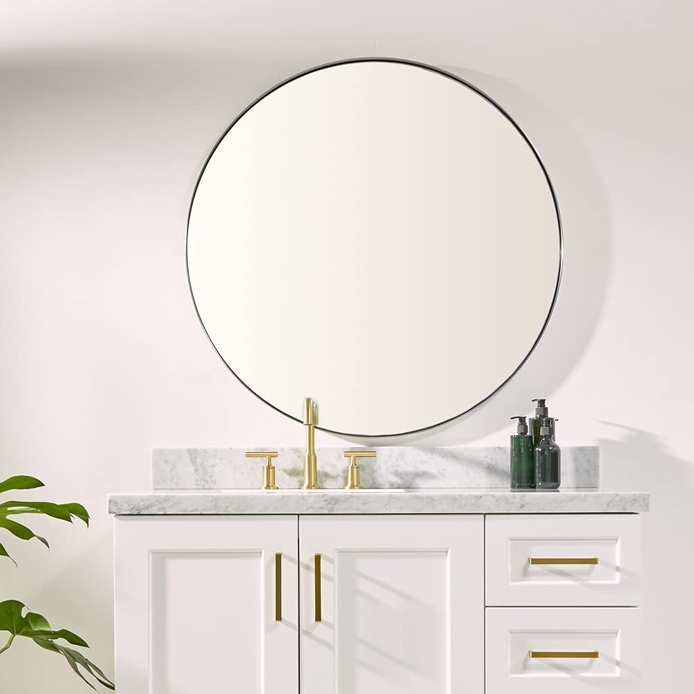 ARIEL 30 Inch Stainless Steel Frame Round Wall Mirror, Distortion Free, 2" Deep Set Frame, Décor Mirror for Bathroom, Living Room, Bedroom and Hall Entryway - Brushed Nickel