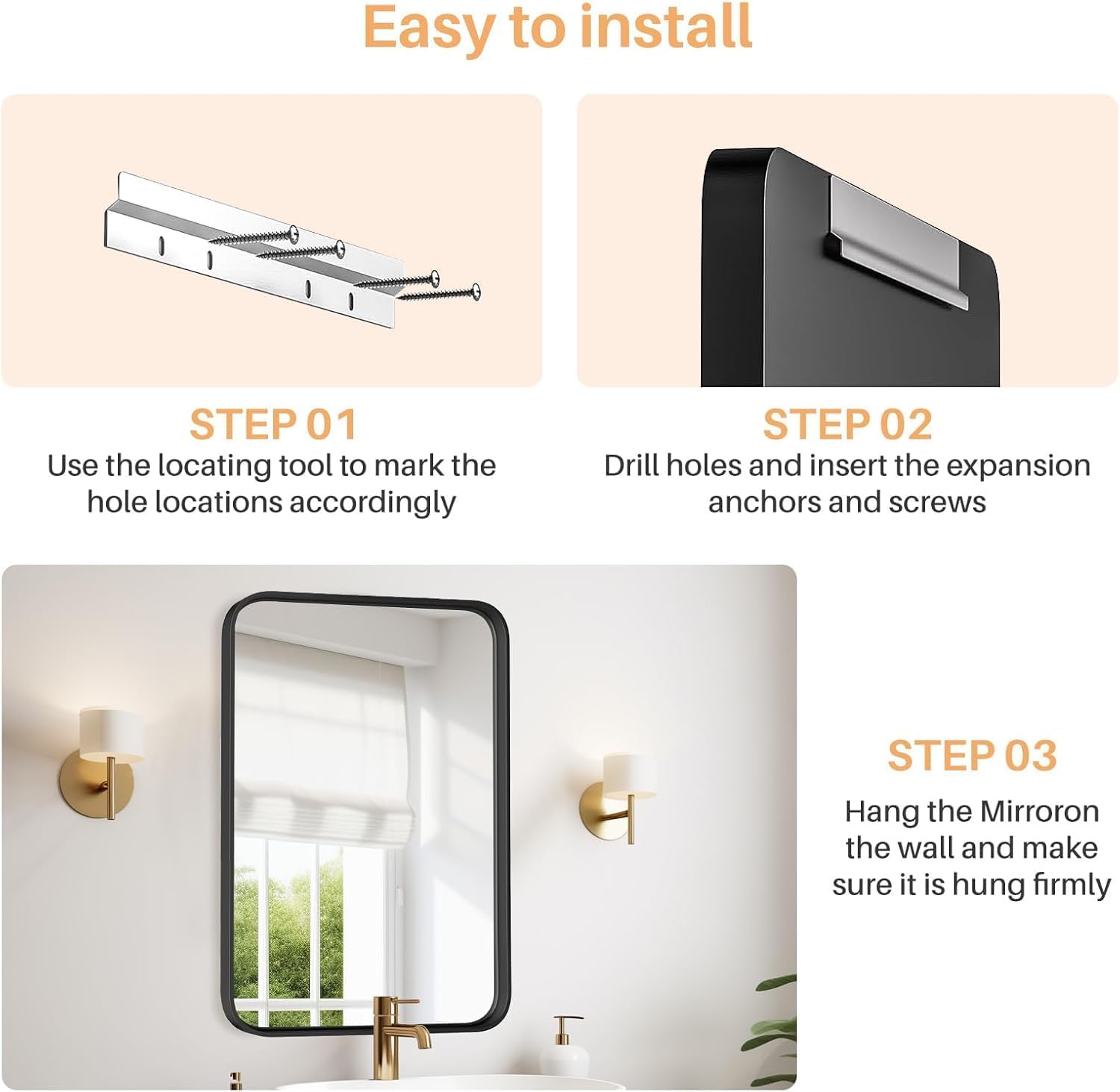 Bathroom Mirror for Wall, 30x22 Inch Rectangle Mirror, Matte Black Metal Framed Bathroom Vanity Mirror for Restroom Farmhouse, Anti-Rust, Tempered Glass, Horizontally or Vertically Hanging