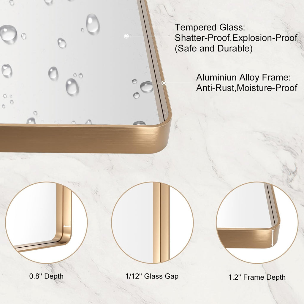 LOAAO 24”X36” Gold Bathroom Mirror, Rounded Rectangle Gold Frame Mirror, Brushed Gold Bathroom Vanity Mirror Wall-Mounted, Anti-Rust, Hangs Horizontally or Vertically