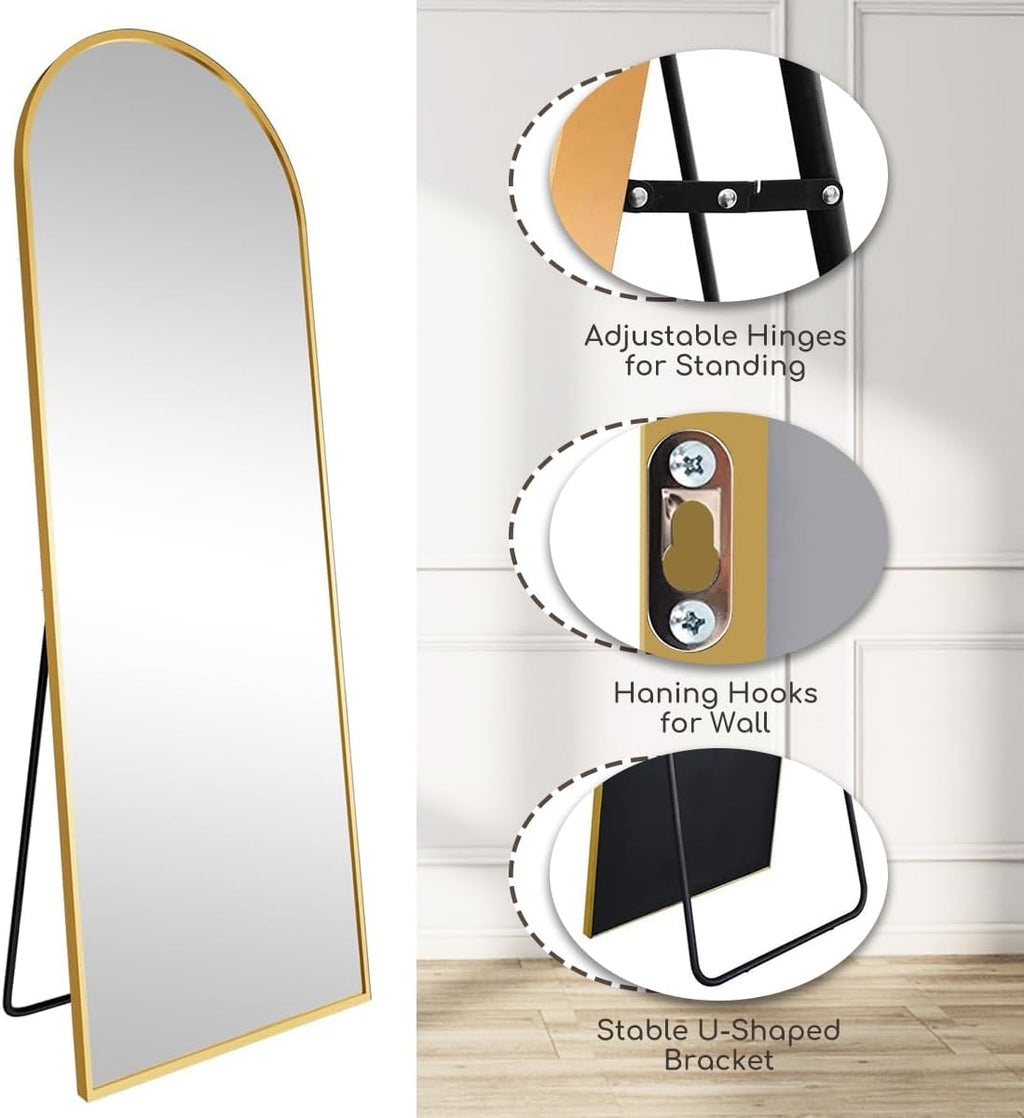 Arched Full Length Mirror, 70"x26" Free Standing Floor Mirror, Modern Full Body Mirrors with Stand, Wall Mirrors with Aluminum Alloy Frame for Bedroom,Living Room, Gold