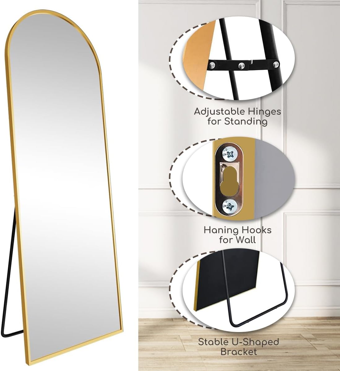 Arched Full Length Mirror, 70"x26" Free Standing Floor Mirror, Modern Full Body Mirrors with Stand, Wall Mirrors with Aluminum Alloy Frame for Bedroom,Living Room, Gold