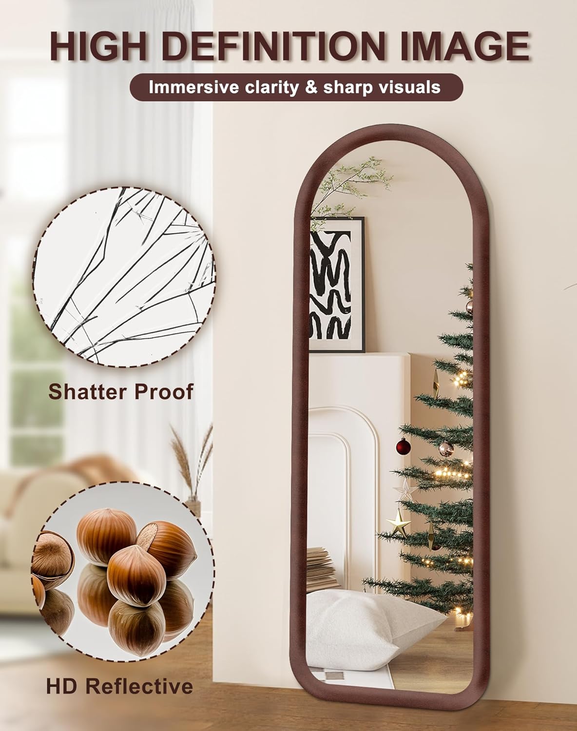 Delma Arched Full Length Mirror, Free Standing Floor Velvet Finish Frame Mirror for Leaning or Hanging, Soft Touch Bedroom & Living Room Decor, Brown