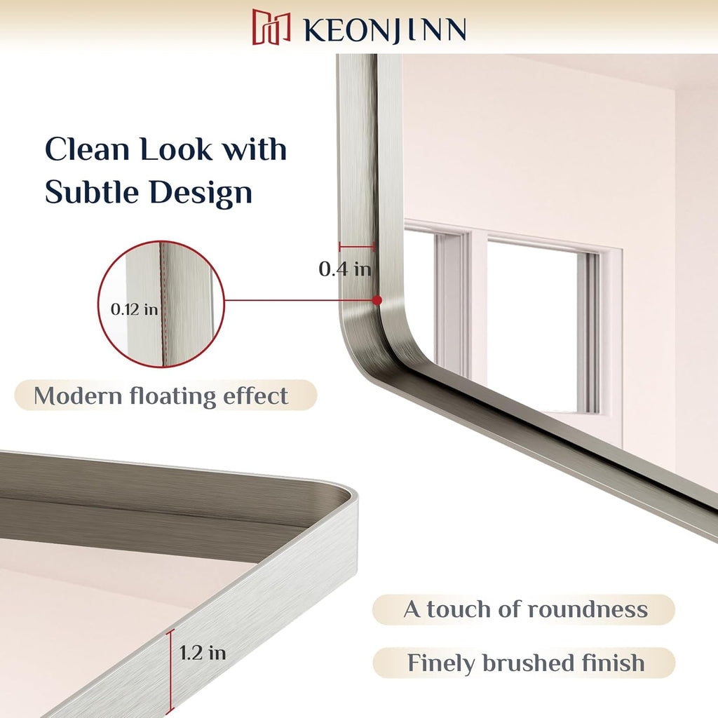 Keonjinn 20 x 30 Inch Brushed Nickel Bathroom Mirrors for Over Sink, Rounded Rectangle Silver Bathroom Vanity Mirror, Farmhouse Mirror for Wall, HD Tempered Glass, Anti-Rust Aluminum Alloy Mirror
