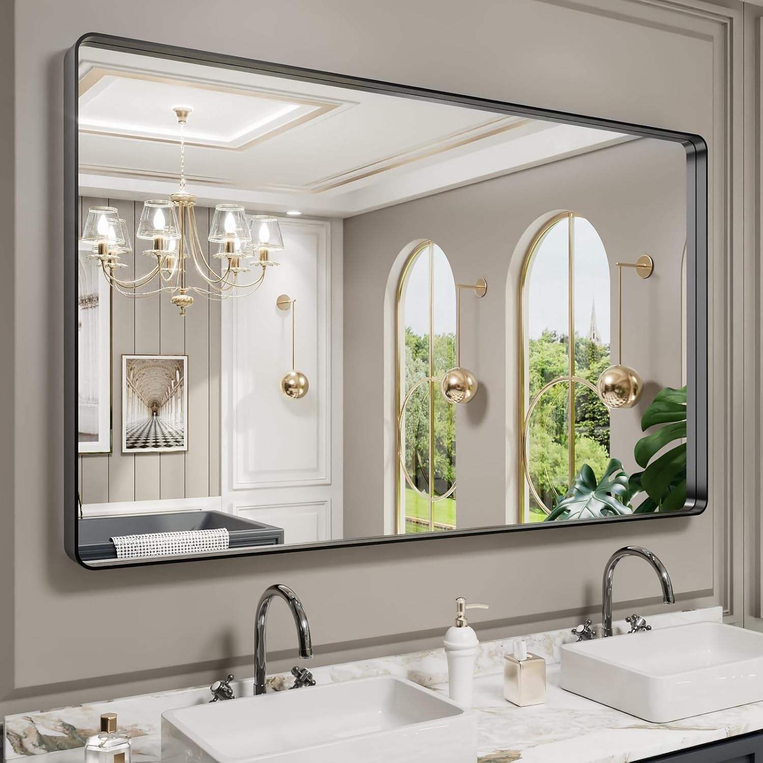 LOAAO 24”X36” Gold Bathroom Mirror, Rounded Rectangle Gold Frame Mirror, Brushed Gold Bathroom Vanity Mirror Wall-Mounted, Anti-Rust, Hangs Horizontally or Vertically