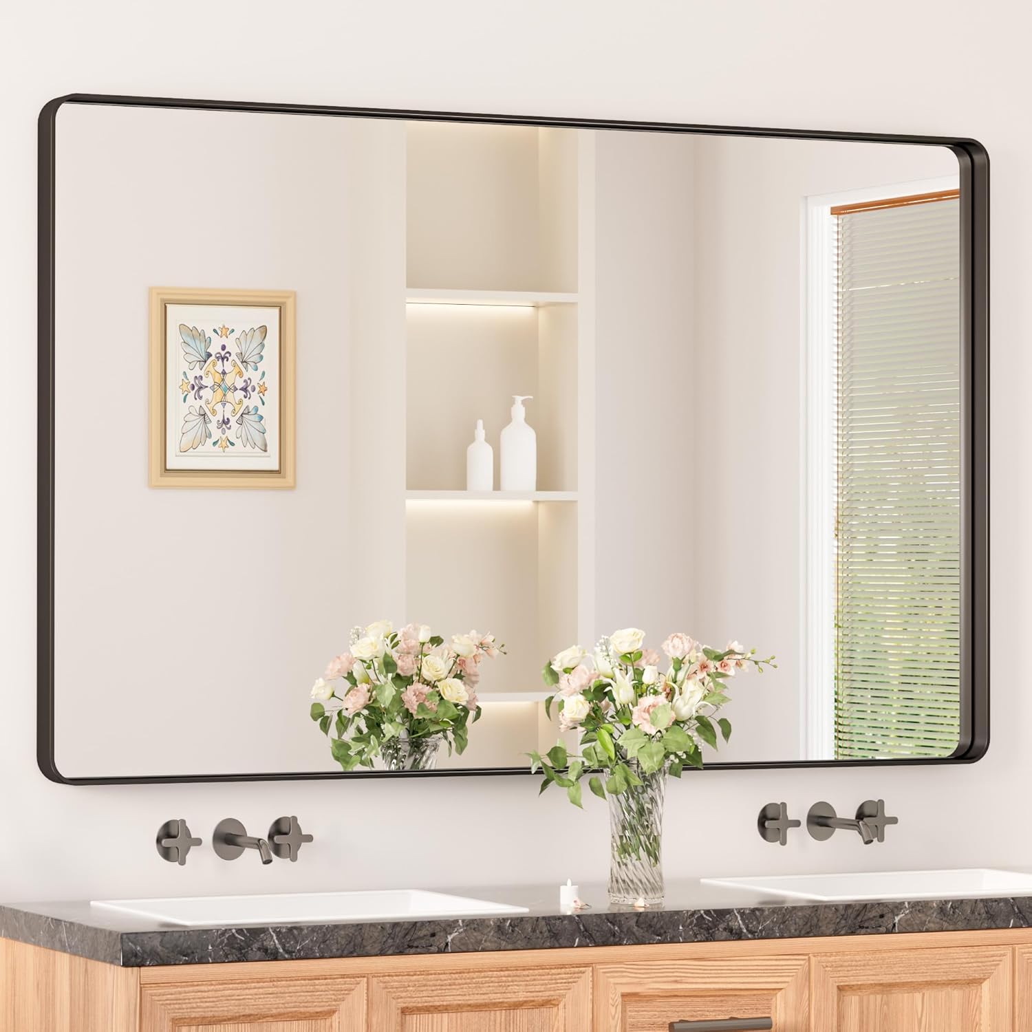 Keonjinn 20 x 30 Inch Brushed Nickel Bathroom Mirrors for Over Sink, Rounded Rectangle Silver Bathroom Vanity Mirror, Farmhouse Mirror for Wall, HD Tempered Glass, Anti-Rust Aluminum Alloy Mirror