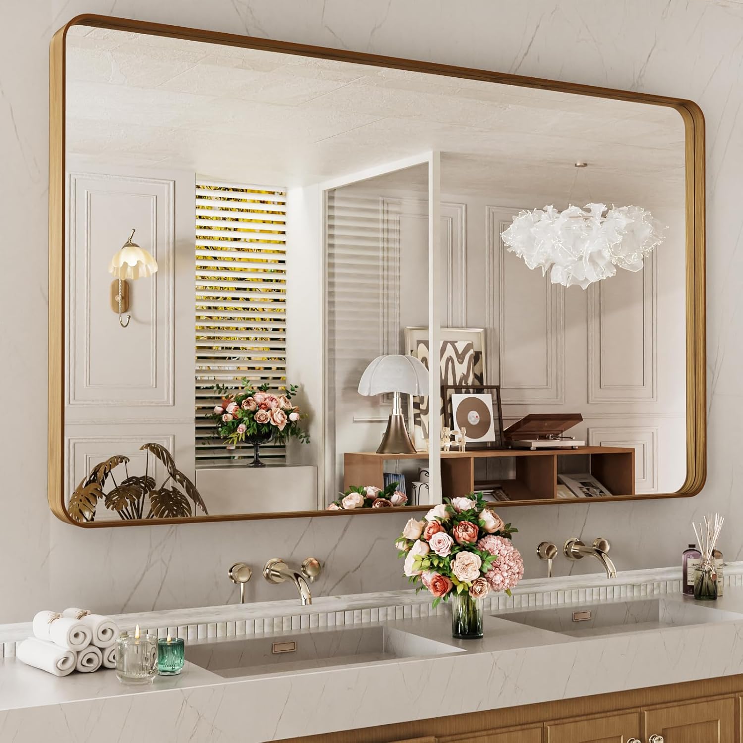 LOAAO 24”X36” Gold Bathroom Mirror, Rounded Rectangle Gold Frame Mirror, Brushed Gold Bathroom Vanity Mirror Wall-Mounted, Anti-Rust, Hangs Horizontally or Vertically