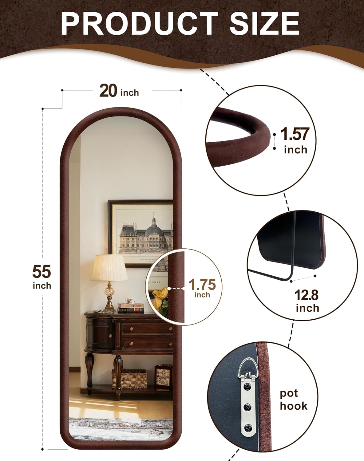 Delma Arched Full Length Mirror, Free Standing Floor Velvet Finish Frame Mirror for Leaning or Hanging, Soft Touch Bedroom & Living Room Decor, Brown