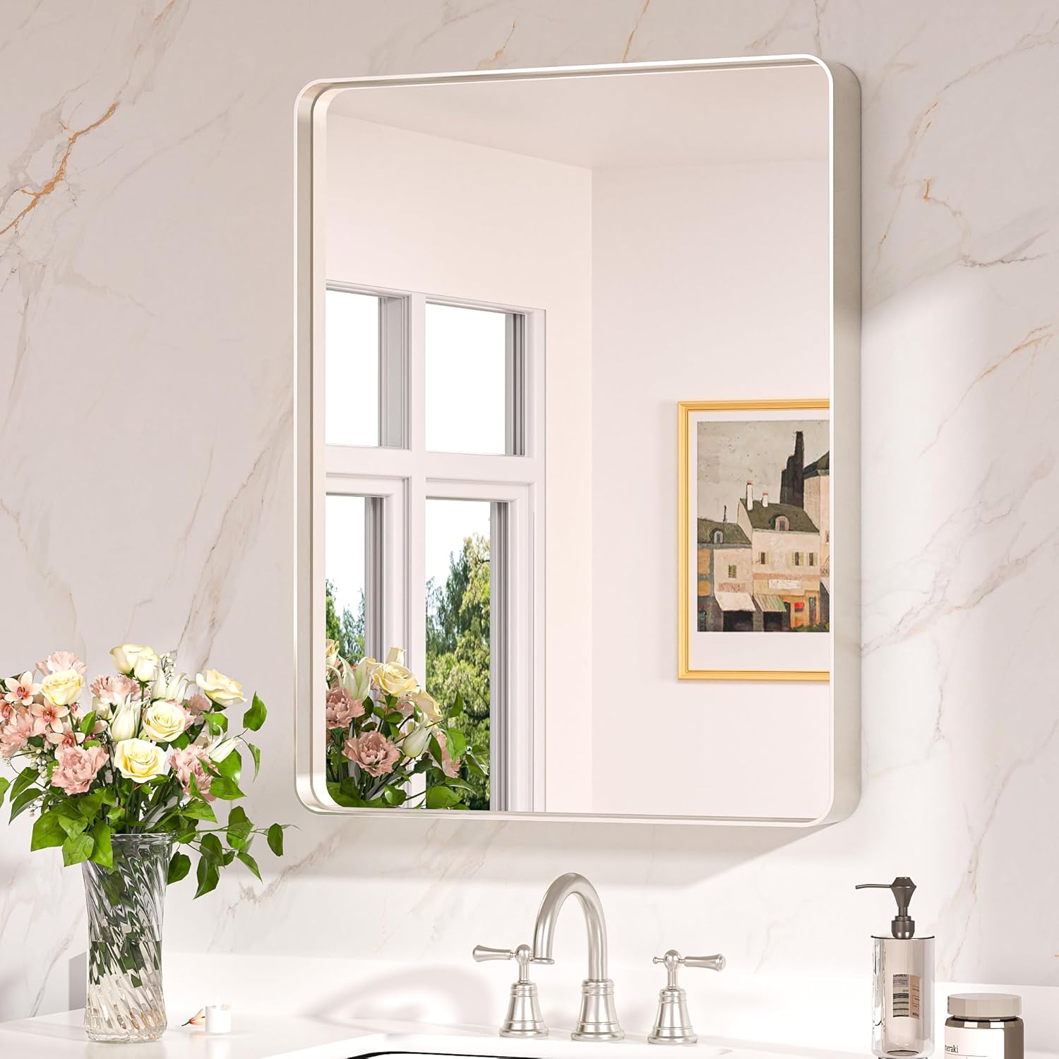 Keonjinn 20 x 30 Inch Brushed Nickel Bathroom Mirrors for Over Sink, Rounded Rectangle Silver Bathroom Vanity Mirror, Farmhouse Mirror for Wall, HD Tempered Glass, Anti-Rust Aluminum Alloy Mirror