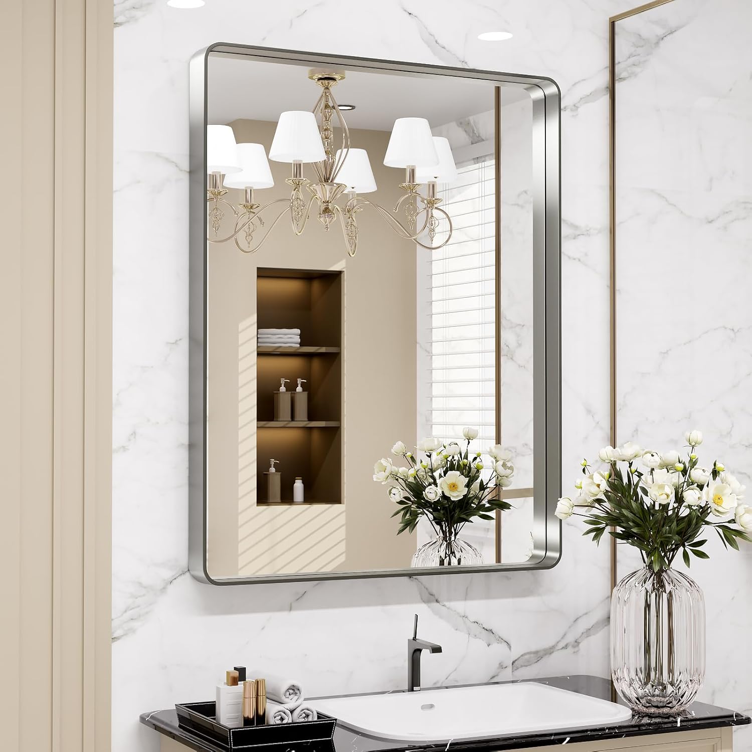 LOAAO 24”X36” Gold Bathroom Mirror, Rounded Rectangle Gold Frame Mirror, Brushed Gold Bathroom Vanity Mirror Wall-Mounted, Anti-Rust, Hangs Horizontally or Vertically