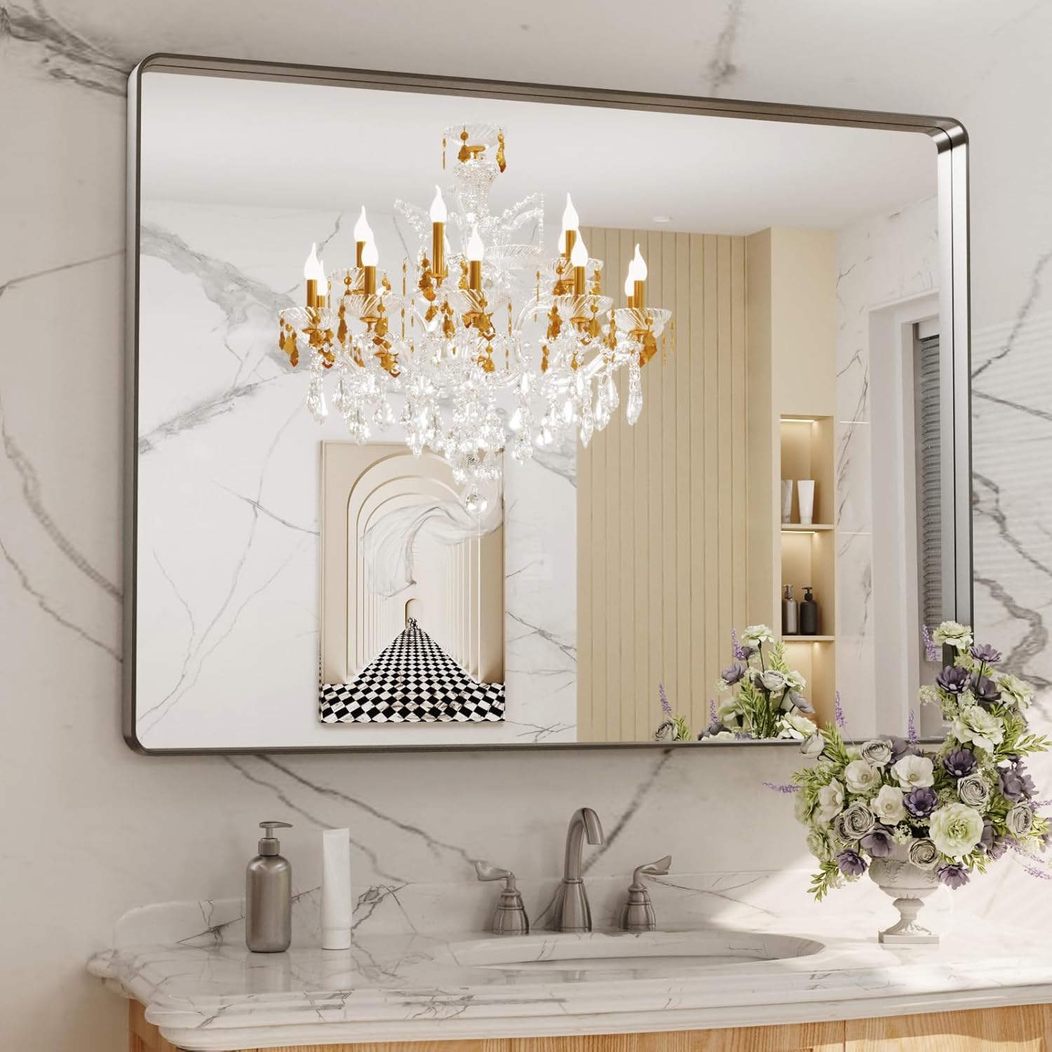 LOAAO 24”X36” Gold Bathroom Mirror, Rounded Rectangle Gold Frame Mirror, Brushed Gold Bathroom Vanity Mirror Wall-Mounted, Anti-Rust, Hangs Horizontally or Vertically