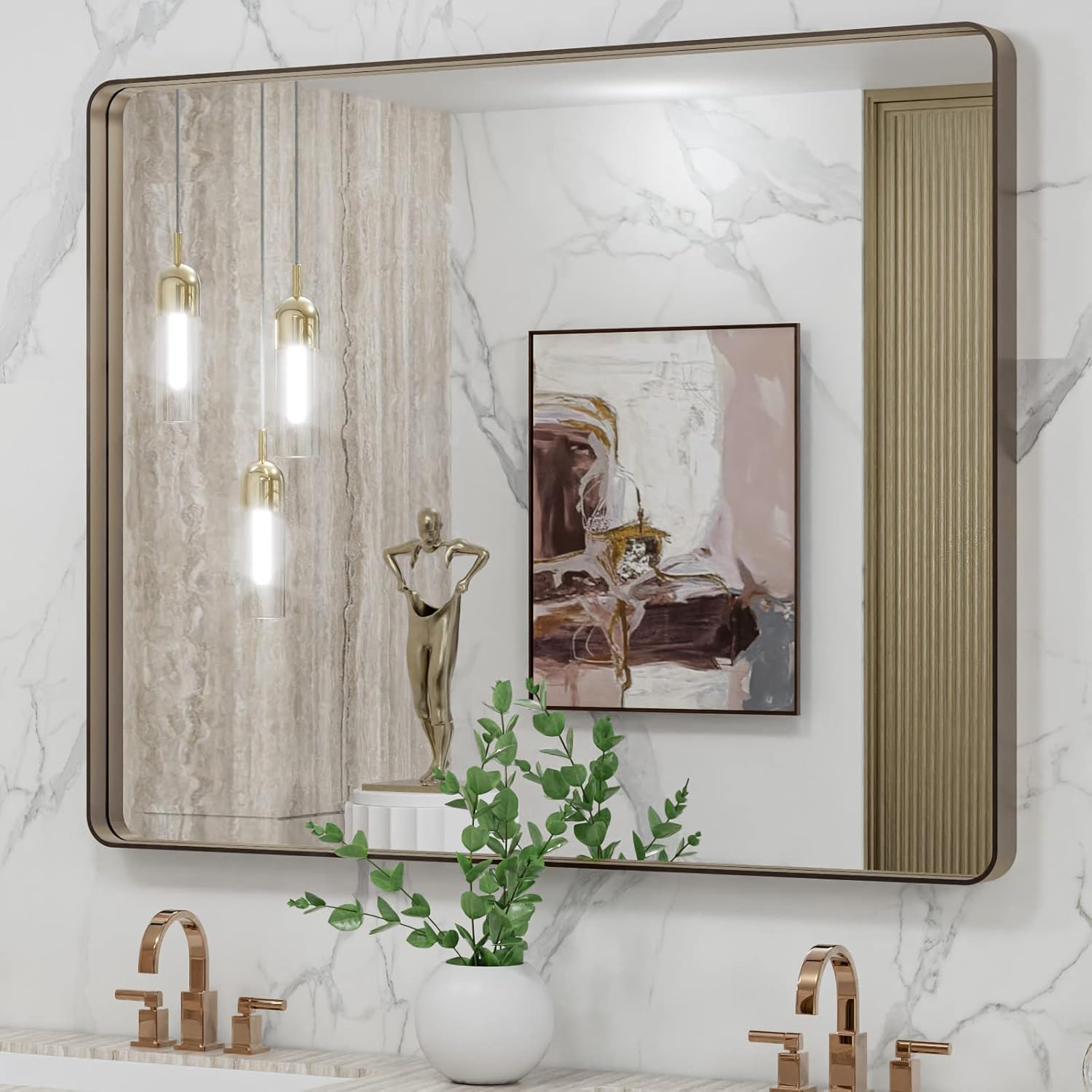 LOAAO 24”X36” Gold Bathroom Mirror, Rounded Rectangle Gold Frame Mirror, Brushed Gold Bathroom Vanity Mirror Wall-Mounted, Anti-Rust, Hangs Horizontally or Vertically