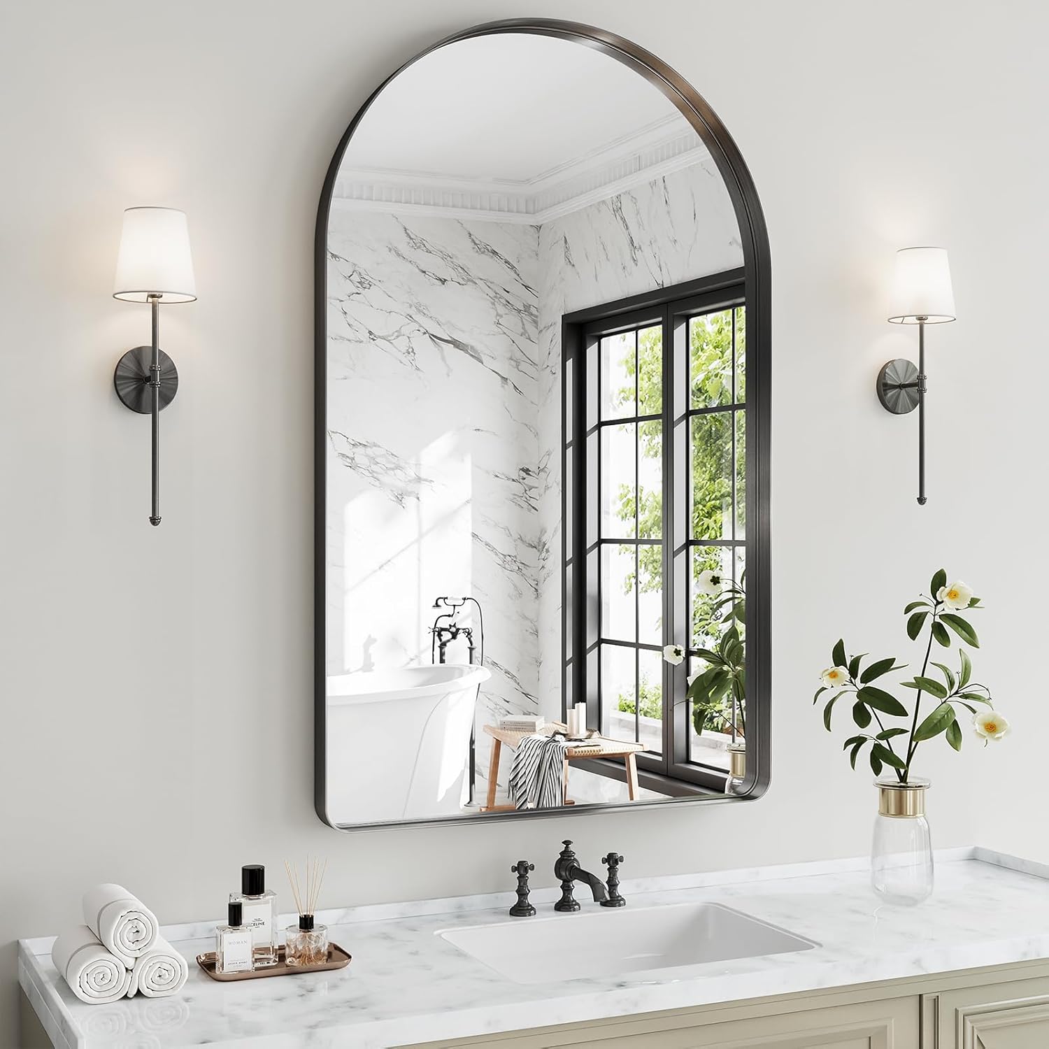 Arched Bathroom Mirror, 30"x40" Black Mirror for Wall Mounted Vanity Mirror for Over Sink with Tempered Glass, Aluminum Alloy Deep Frame, Farmhouse for Bedroom, Entryway, Living Room