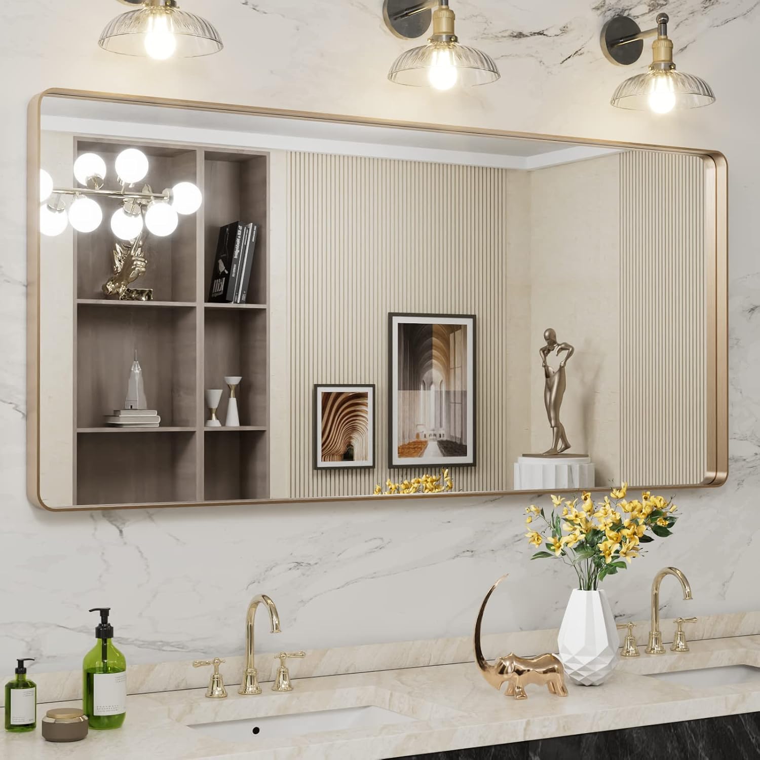 LOAAO 24”X36” Gold Bathroom Mirror, Rounded Rectangle Gold Frame Mirror, Brushed Gold Bathroom Vanity Mirror Wall-Mounted, Anti-Rust, Hangs Horizontally or Vertically