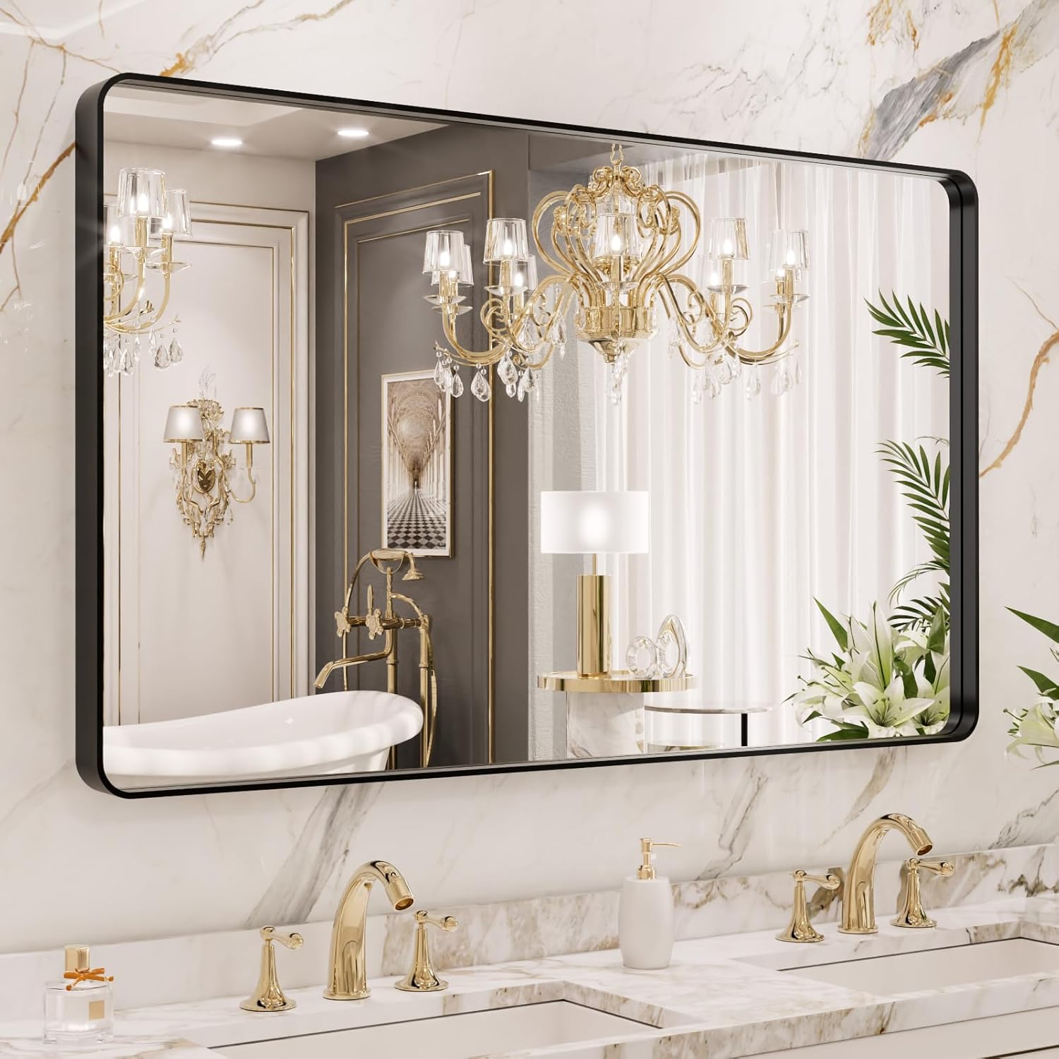 LOAAO 24”X36” Gold Bathroom Mirror, Rounded Rectangle Gold Frame Mirror, Brushed Gold Bathroom Vanity Mirror Wall-Mounted, Anti-Rust, Hangs Horizontally or Vertically