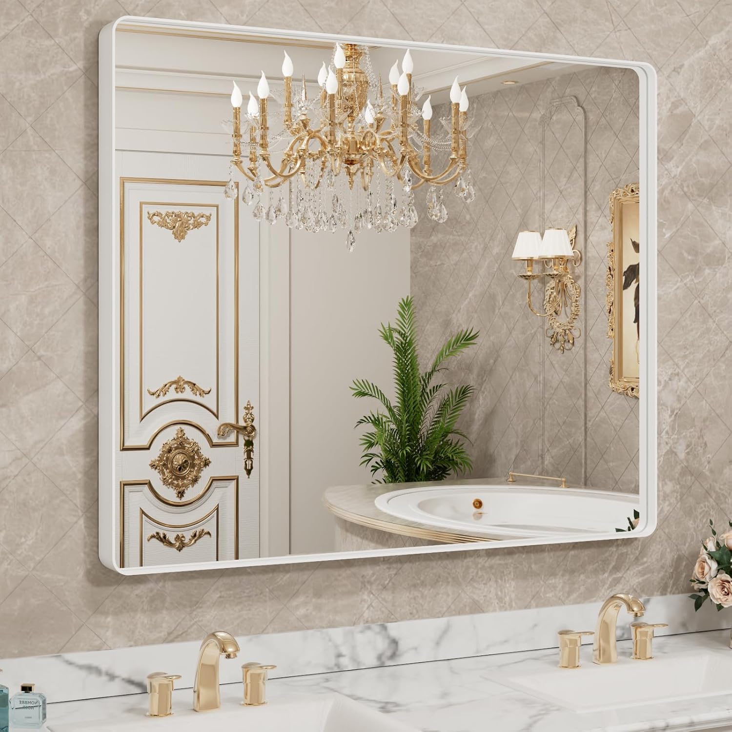 LOAAO 24”X36” Gold Bathroom Mirror, Rounded Rectangle Gold Frame Mirror, Brushed Gold Bathroom Vanity Mirror Wall-Mounted, Anti-Rust, Hangs Horizontally or Vertically