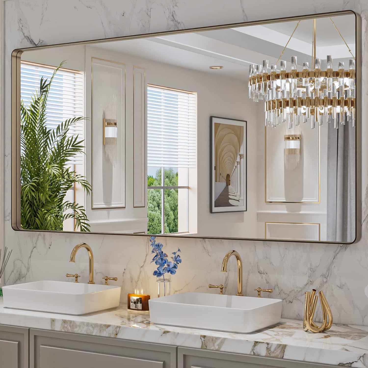 LOAAO 24”X36” Gold Bathroom Mirror, Rounded Rectangle Gold Frame Mirror, Brushed Gold Bathroom Vanity Mirror Wall-Mounted, Anti-Rust, Hangs Horizontally or Vertically