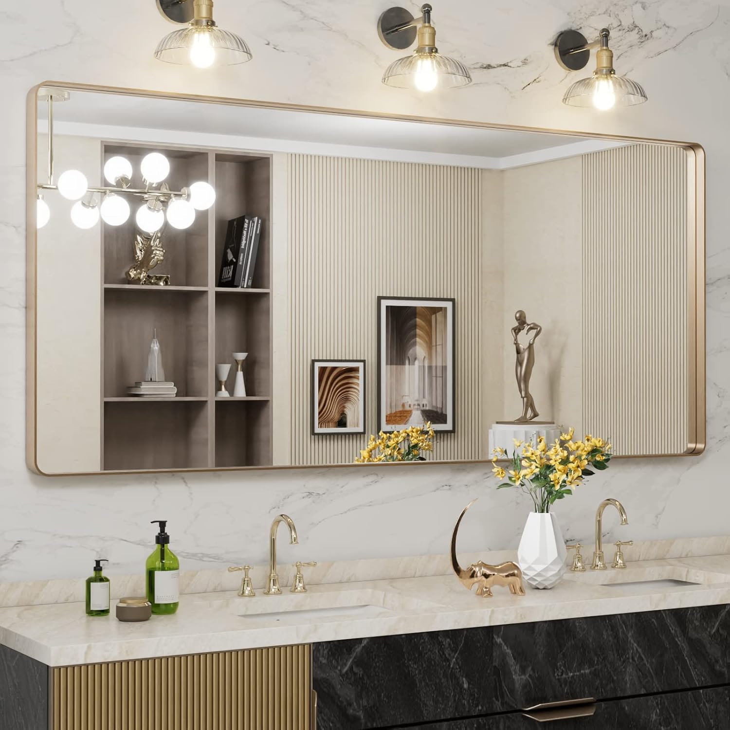 LOAAO 24”X36” Gold Bathroom Mirror, Rounded Rectangle Gold Frame Mirror, Brushed Gold Bathroom Vanity Mirror Wall-Mounted, Anti-Rust, Hangs Horizontally or Vertically