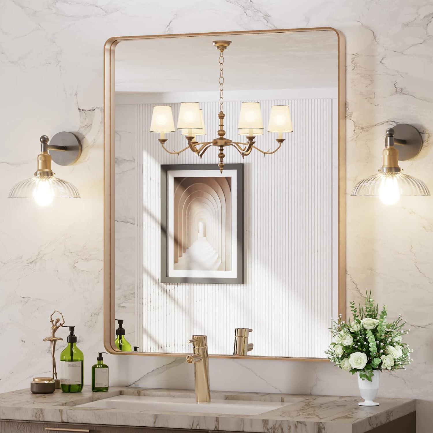 LOAAO 24”X36” Gold Bathroom Mirror, Rounded Rectangle Gold Frame Mirror, Brushed Gold Bathroom Vanity Mirror Wall-Mounted, Anti-Rust, Hangs Horizontally or Vertically