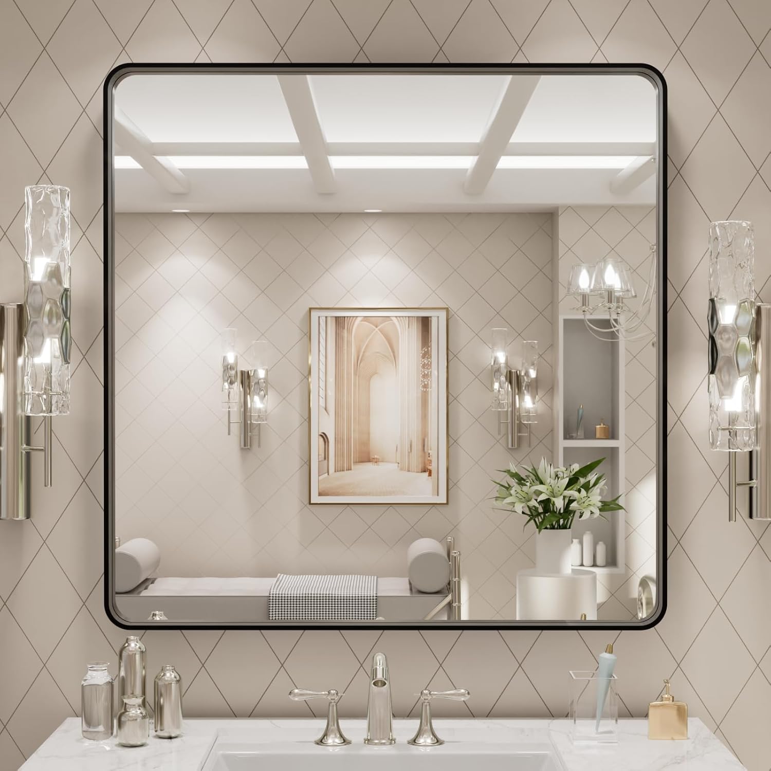LOAAO 24”X36” Gold Bathroom Mirror, Rounded Rectangle Gold Frame Mirror, Brushed Gold Bathroom Vanity Mirror Wall-Mounted, Anti-Rust, Hangs Horizontally or Vertically
