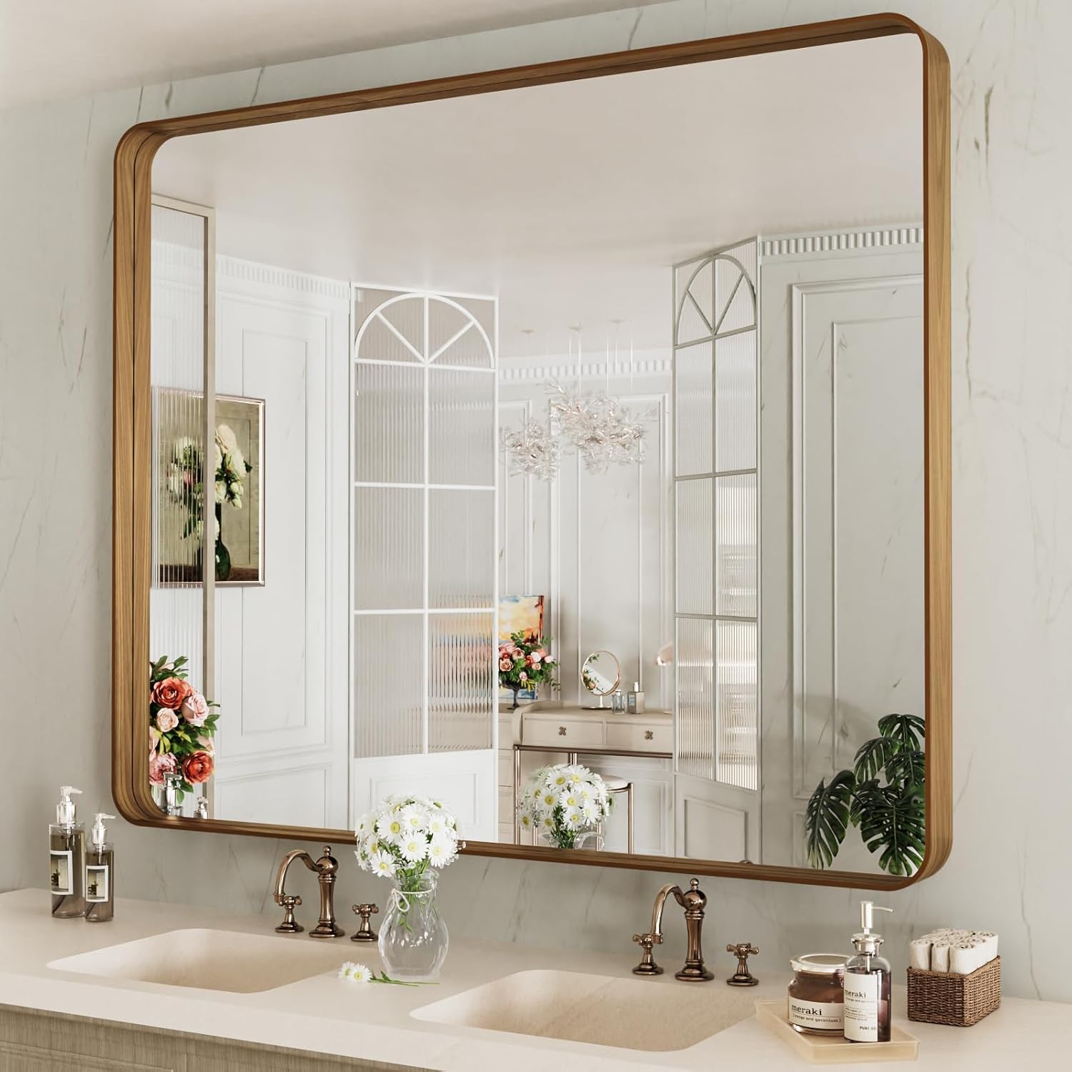 LOAAO 24”X36” Gold Bathroom Mirror, Rounded Rectangle Gold Frame Mirror, Brushed Gold Bathroom Vanity Mirror Wall-Mounted, Anti-Rust, Hangs Horizontally or Vertically
