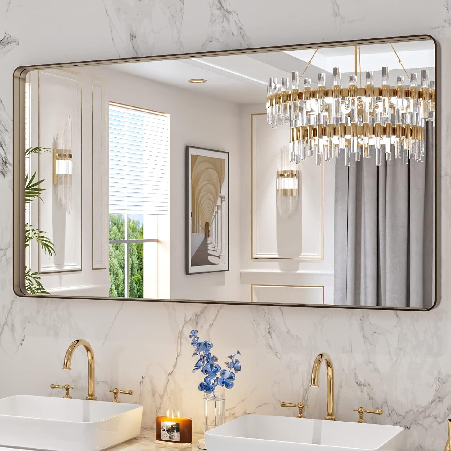 LOAAO 24”X36” Gold Bathroom Mirror, Rounded Rectangle Gold Frame Mirror, Brushed Gold Bathroom Vanity Mirror Wall-Mounted, Anti-Rust, Hangs Horizontally or Vertically