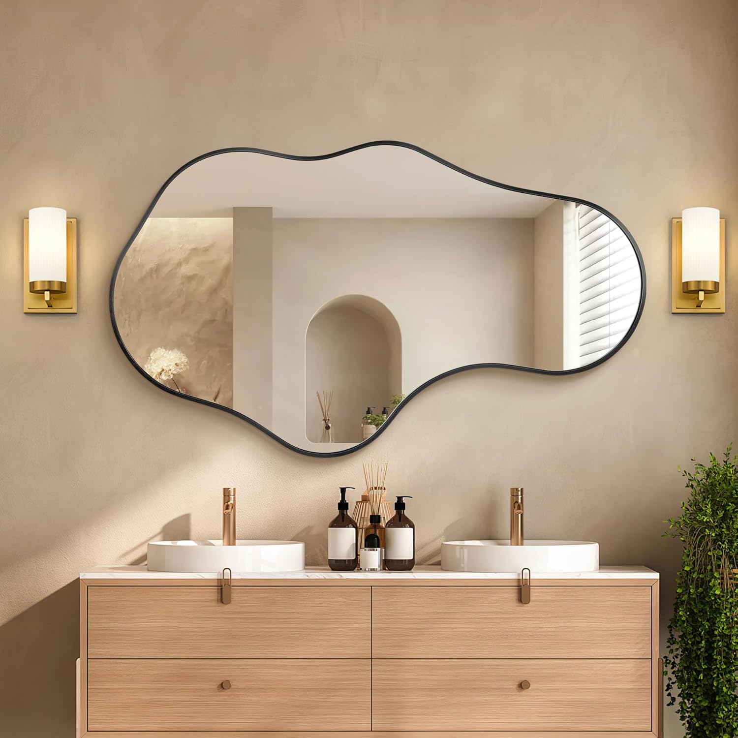 Irregular Wall Mirror, 20"x36" Gold Abstract Asymmetrical Mirrors for Wall, Decorative Cloud Wavy Mirror for Bathroom, Bedroom, Cloakroom, Entryway, Shatter-Proof Aluminum Alloy Frame