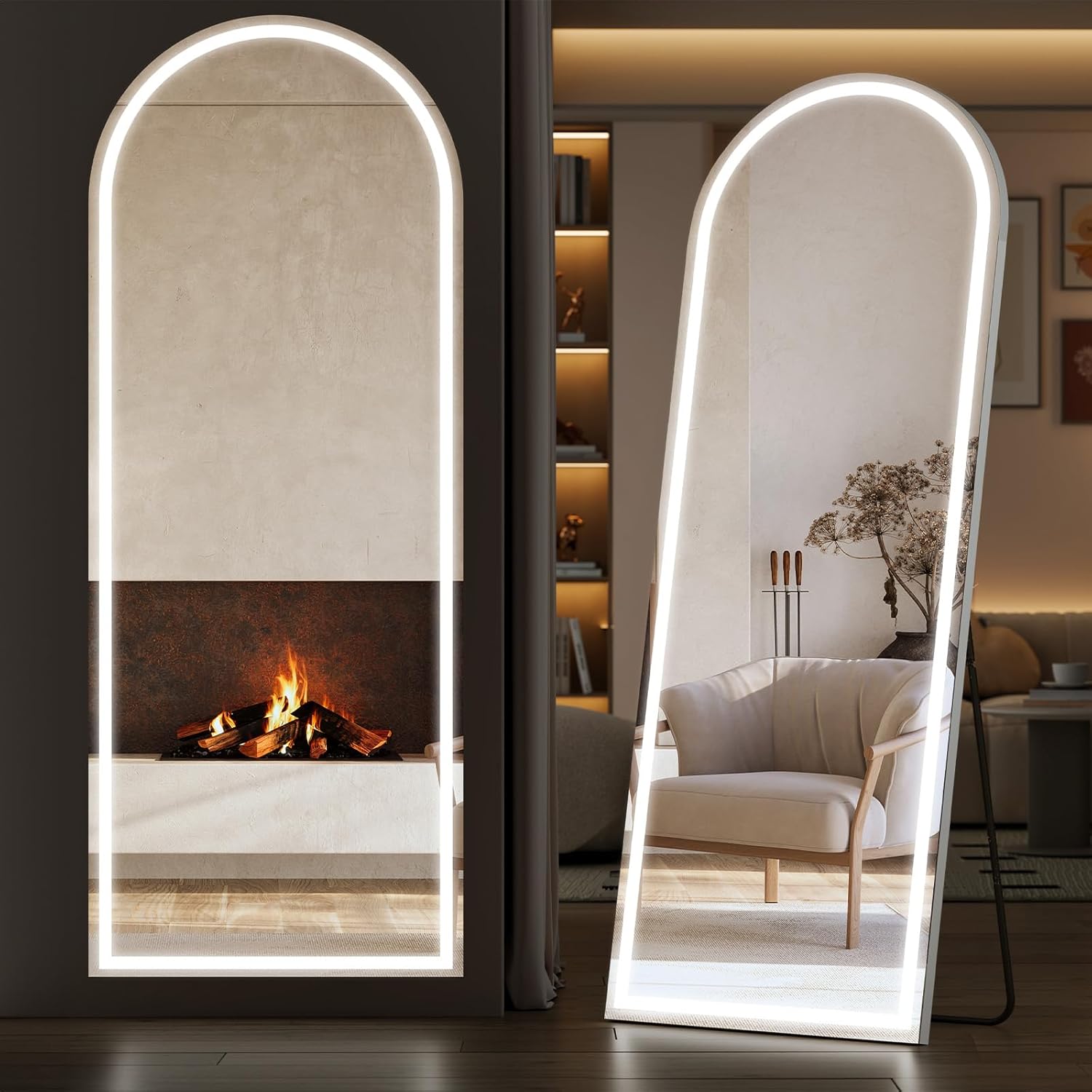 Sweetcrispy 64"x21" Full Length Standing Mirror with LED Lights, Lighted Floor Mirror with Stand, Aluminum Alloy Thin Frame, White