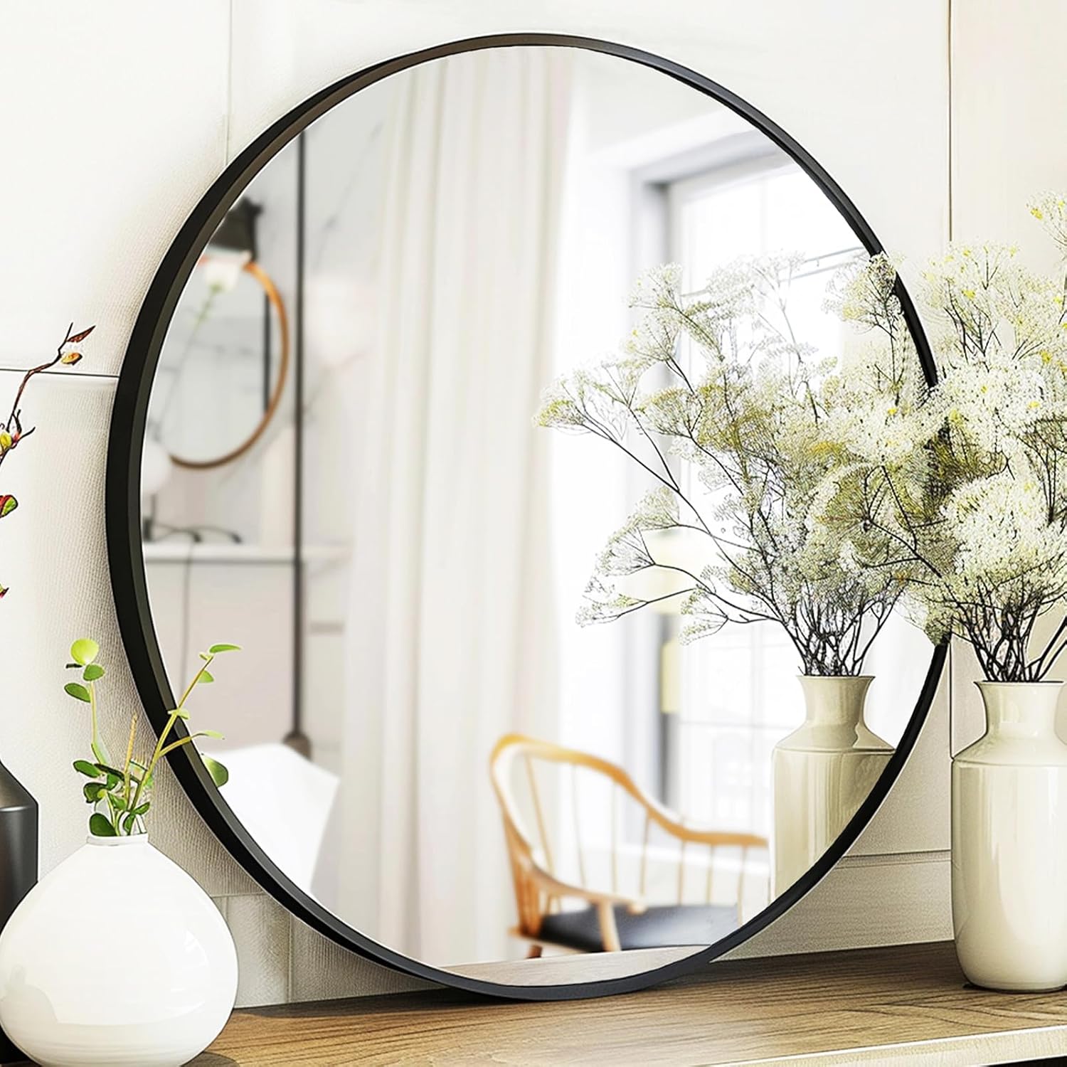Black Round Mirror, Round Mirror 24 inch, Black Circle Mirrors Metal Frame, Wall Mounted Mirrors for Living Room, Bathroom, Wall, Entryway, Rustic.