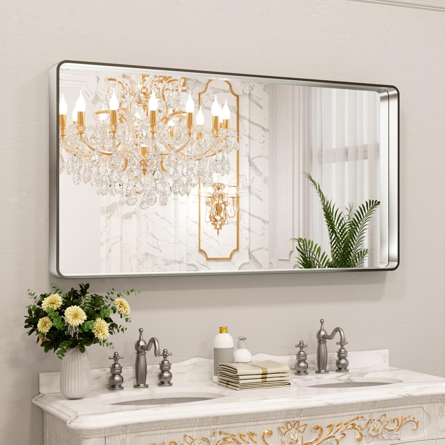 LOAAO 24”X36” Gold Bathroom Mirror, Rounded Rectangle Gold Frame Mirror, Brushed Gold Bathroom Vanity Mirror Wall-Mounted, Anti-Rust, Hangs Horizontally or Vertically