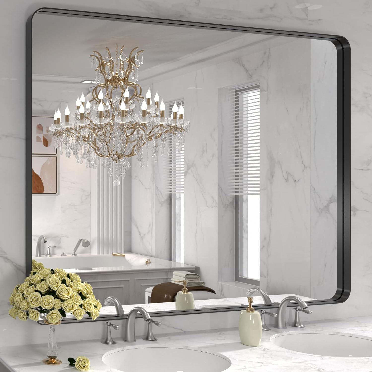 LOAAO 24”X36” Gold Bathroom Mirror, Rounded Rectangle Gold Frame Mirror, Brushed Gold Bathroom Vanity Mirror Wall-Mounted, Anti-Rust, Hangs Horizontally or Vertically