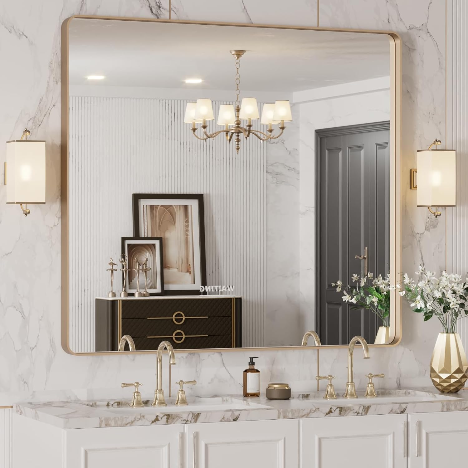 LOAAO 24”X36” Gold Bathroom Mirror, Rounded Rectangle Gold Frame Mirror, Brushed Gold Bathroom Vanity Mirror Wall-Mounted, Anti-Rust, Hangs Horizontally or Vertically