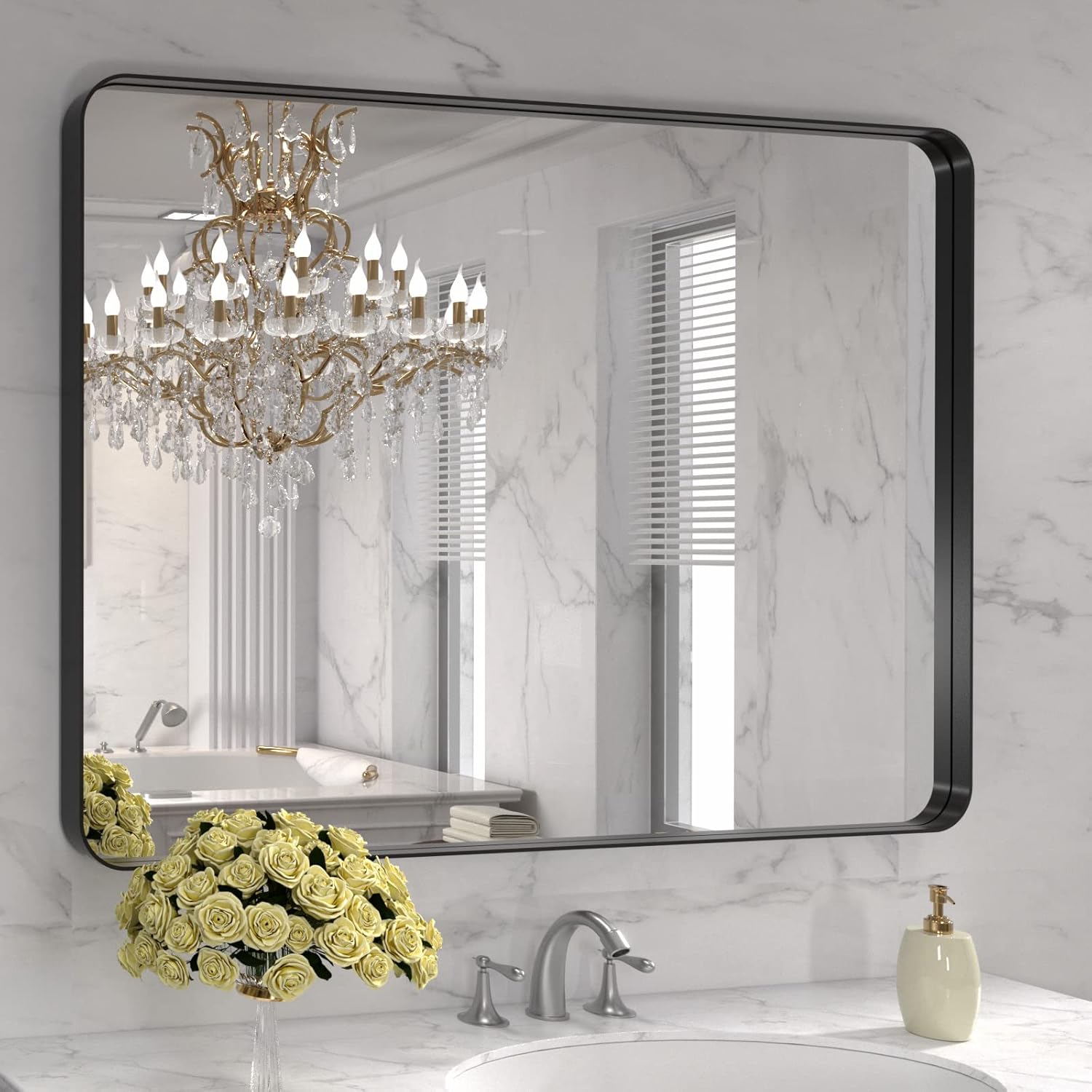 LOAAO 24”X36” Gold Bathroom Mirror, Rounded Rectangle Gold Frame Mirror, Brushed Gold Bathroom Vanity Mirror Wall-Mounted, Anti-Rust, Hangs Horizontally or Vertically