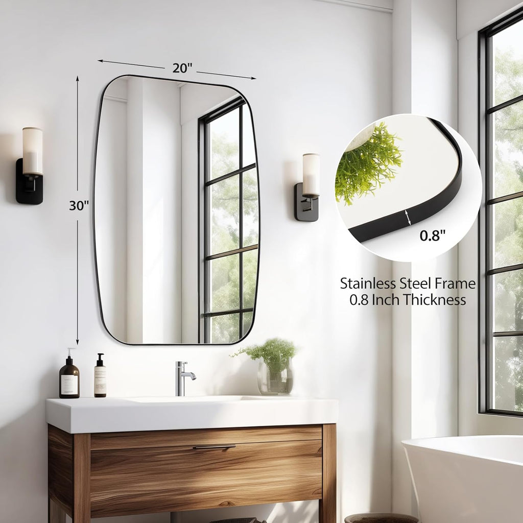 Black Oval Mirror, 20"×30" Bathroom Mirror for Wall Vanity with Stainless Steel Metal 0.8" Thin Frame, Oblong Bathrrom Mirror Modern Anti Rust