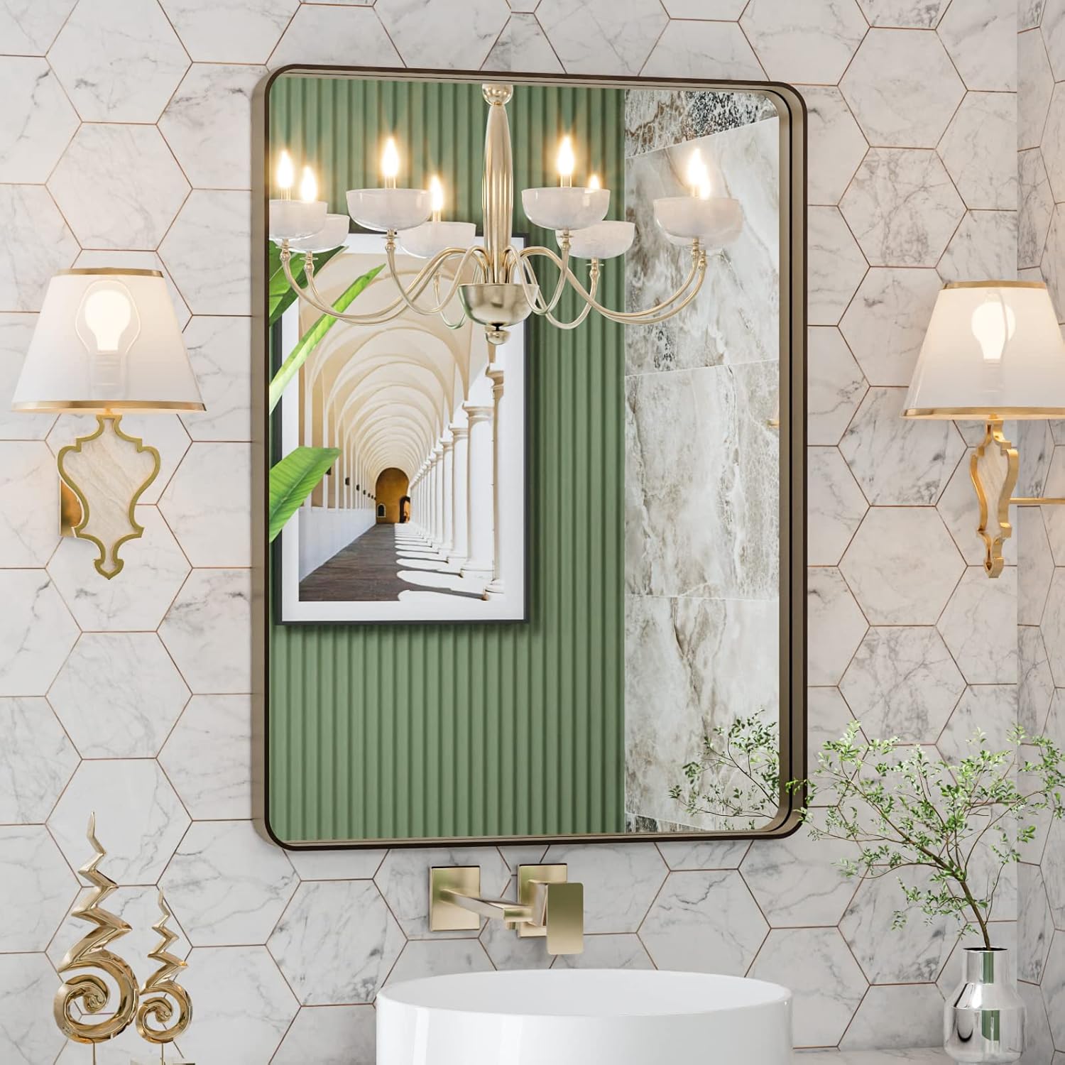 LOAAO 24”X36” Gold Bathroom Mirror, Rounded Rectangle Gold Frame Mirror, Brushed Gold Bathroom Vanity Mirror Wall-Mounted, Anti-Rust, Hangs Horizontally or Vertically