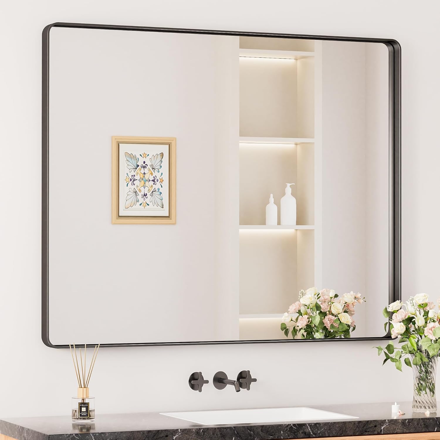 Keonjinn 20 x 30 Inch Brushed Nickel Bathroom Mirrors for Over Sink, Rounded Rectangle Silver Bathroom Vanity Mirror, Farmhouse Mirror for Wall, HD Tempered Glass, Anti-Rust Aluminum Alloy Mirror