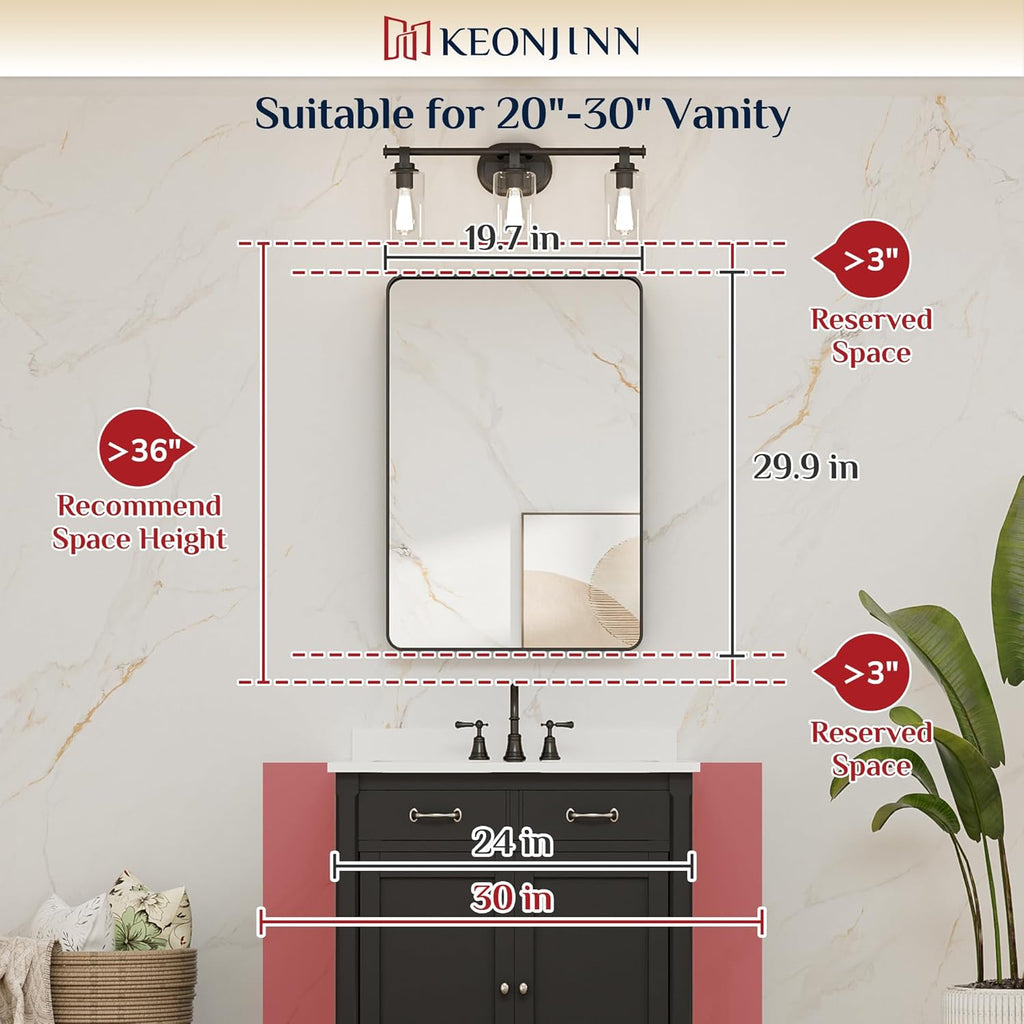 Keonjinn 20 x 30 Inch Brushed Nickel Bathroom Mirrors for Over Sink, Rounded Rectangle Silver Bathroom Vanity Mirror, Farmhouse Mirror for Wall, HD Tempered Glass, Anti-Rust Aluminum Alloy Mirror
