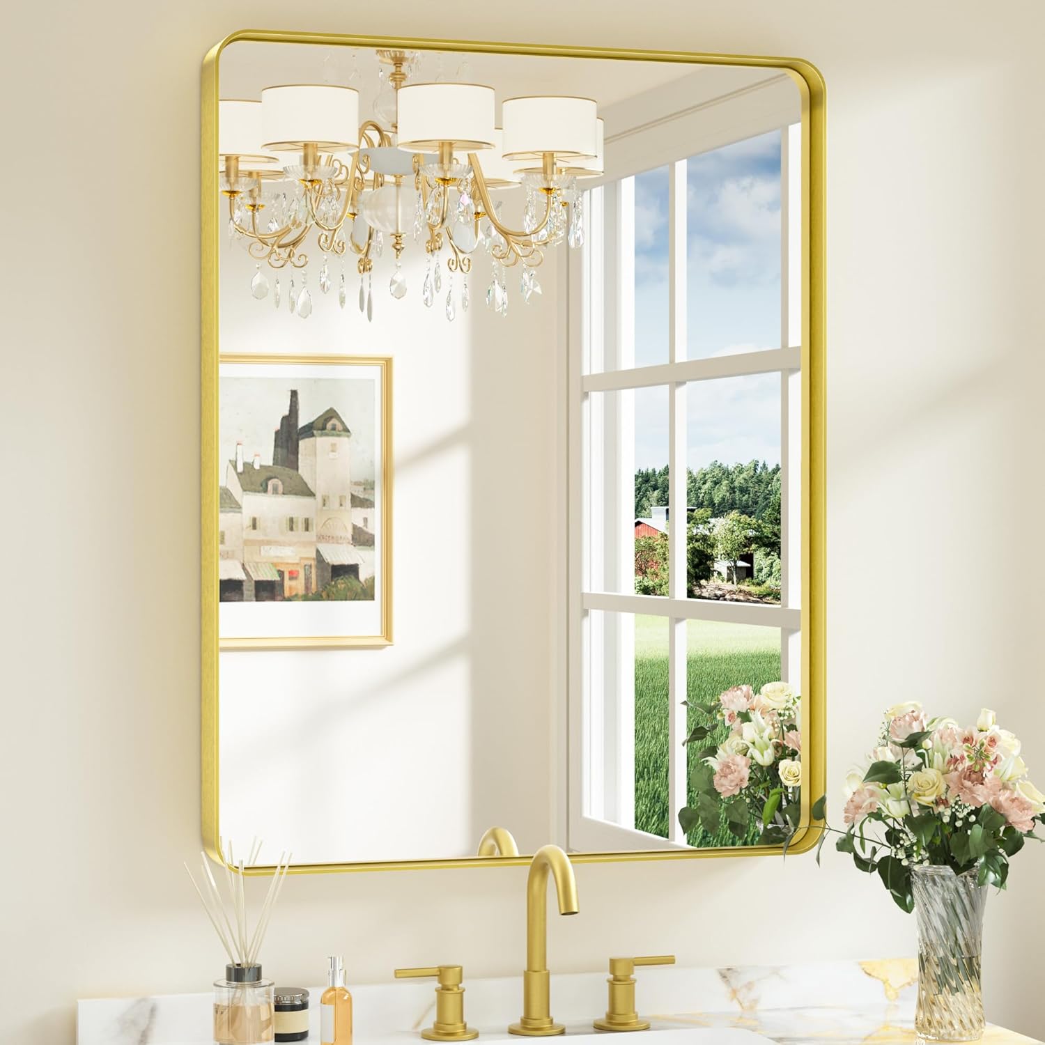 Keonjinn 20 x 30 Inch Brushed Nickel Bathroom Mirrors for Over Sink, Rounded Rectangle Silver Bathroom Vanity Mirror, Farmhouse Mirror for Wall, HD Tempered Glass, Anti-Rust Aluminum Alloy Mirror