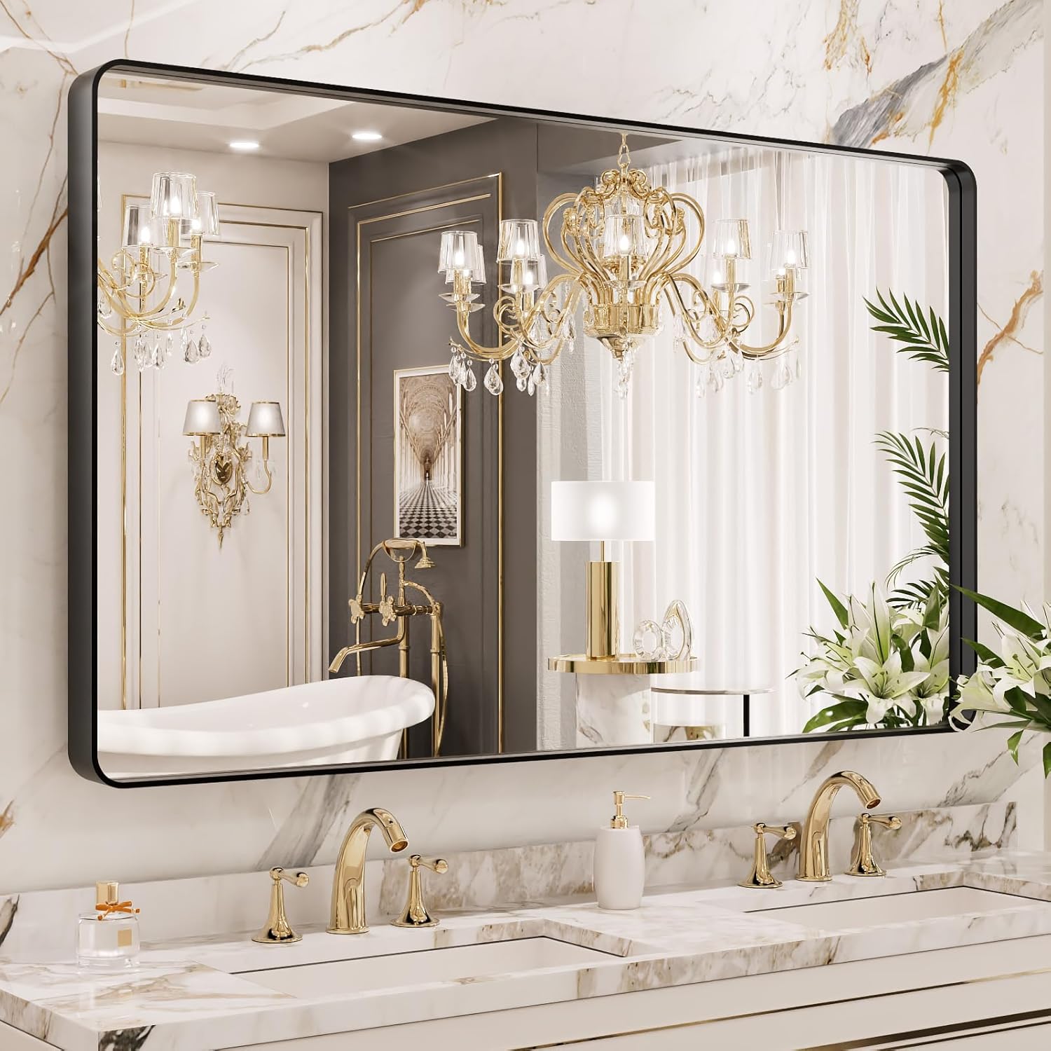 LOAAO 24”X36” Gold Bathroom Mirror, Rounded Rectangle Gold Frame Mirror, Brushed Gold Bathroom Vanity Mirror Wall-Mounted, Anti-Rust, Hangs Horizontally or Vertically