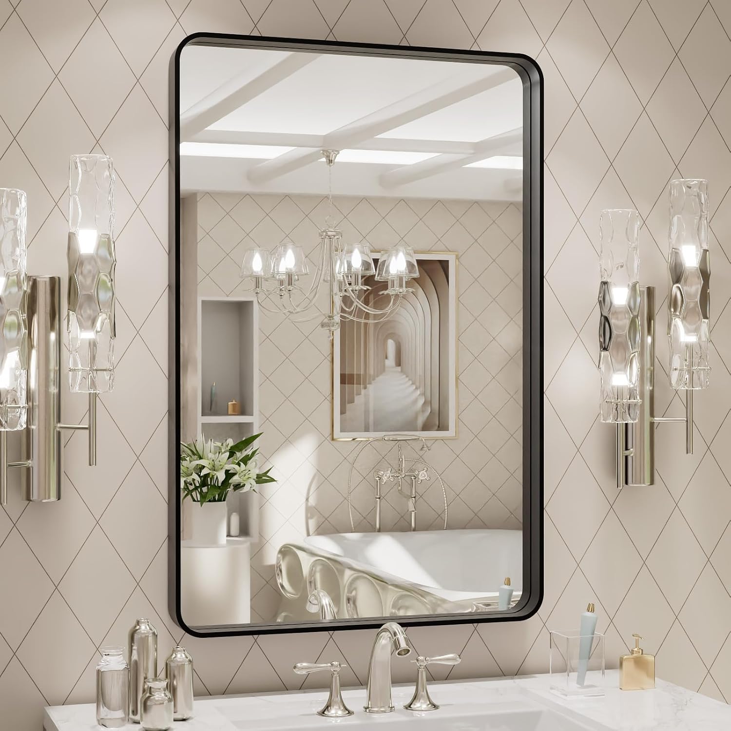 LOAAO 24”X36” Gold Bathroom Mirror, Rounded Rectangle Gold Frame Mirror, Brushed Gold Bathroom Vanity Mirror Wall-Mounted, Anti-Rust, Hangs Horizontally or Vertically