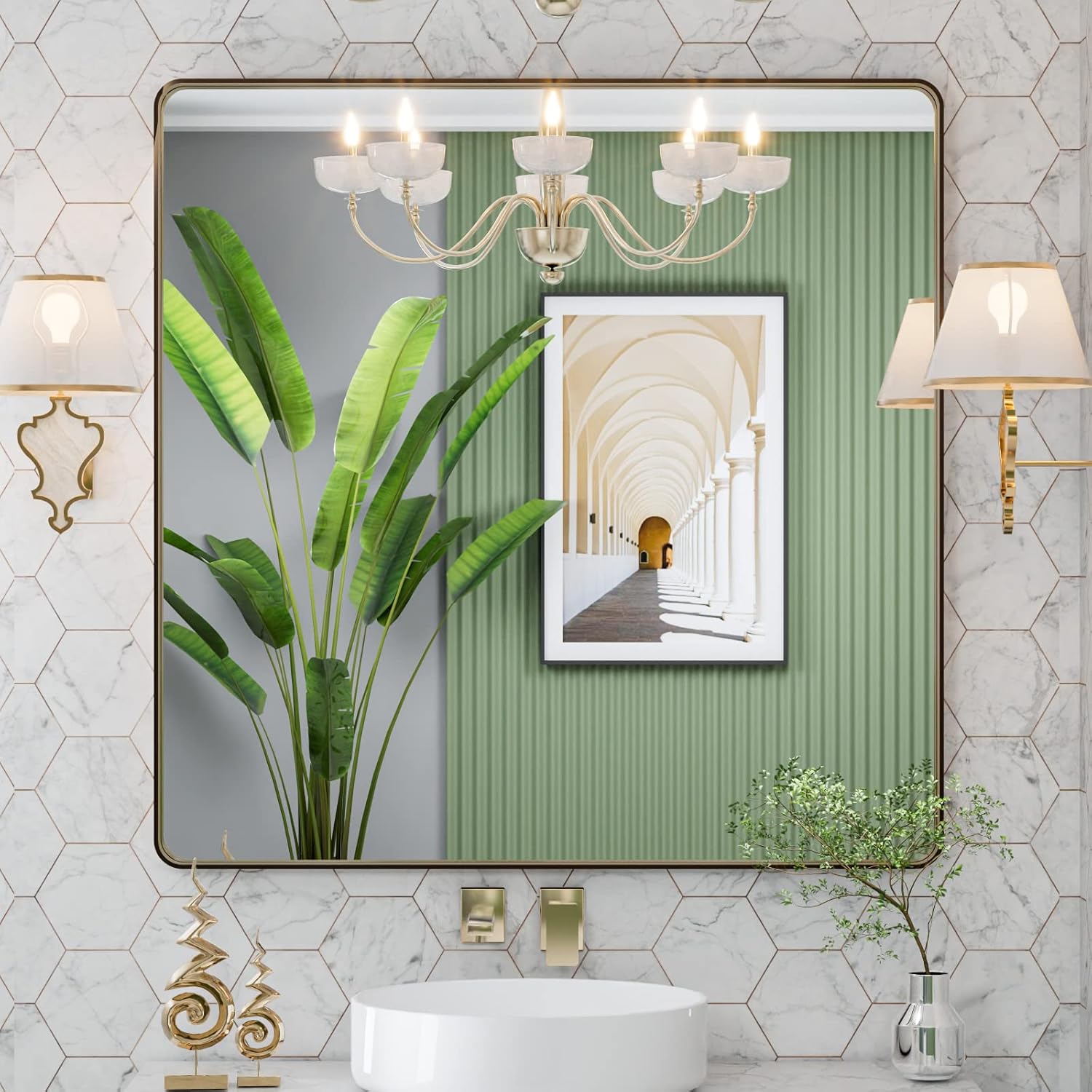 LOAAO 24”X36” Gold Bathroom Mirror, Rounded Rectangle Gold Frame Mirror, Brushed Gold Bathroom Vanity Mirror Wall-Mounted, Anti-Rust, Hangs Horizontally or Vertically