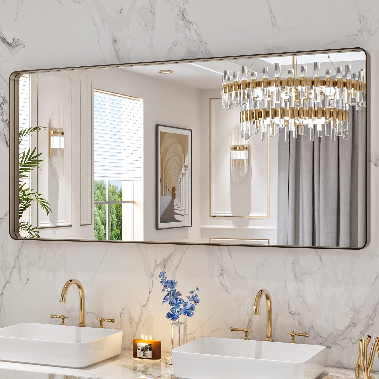 LOAAO 24”X36” Gold Bathroom Mirror, Rounded Rectangle Gold Frame Mirror, Brushed Gold Bathroom Vanity Mirror Wall-Mounted, Anti-Rust, Hangs Horizontally or Vertically