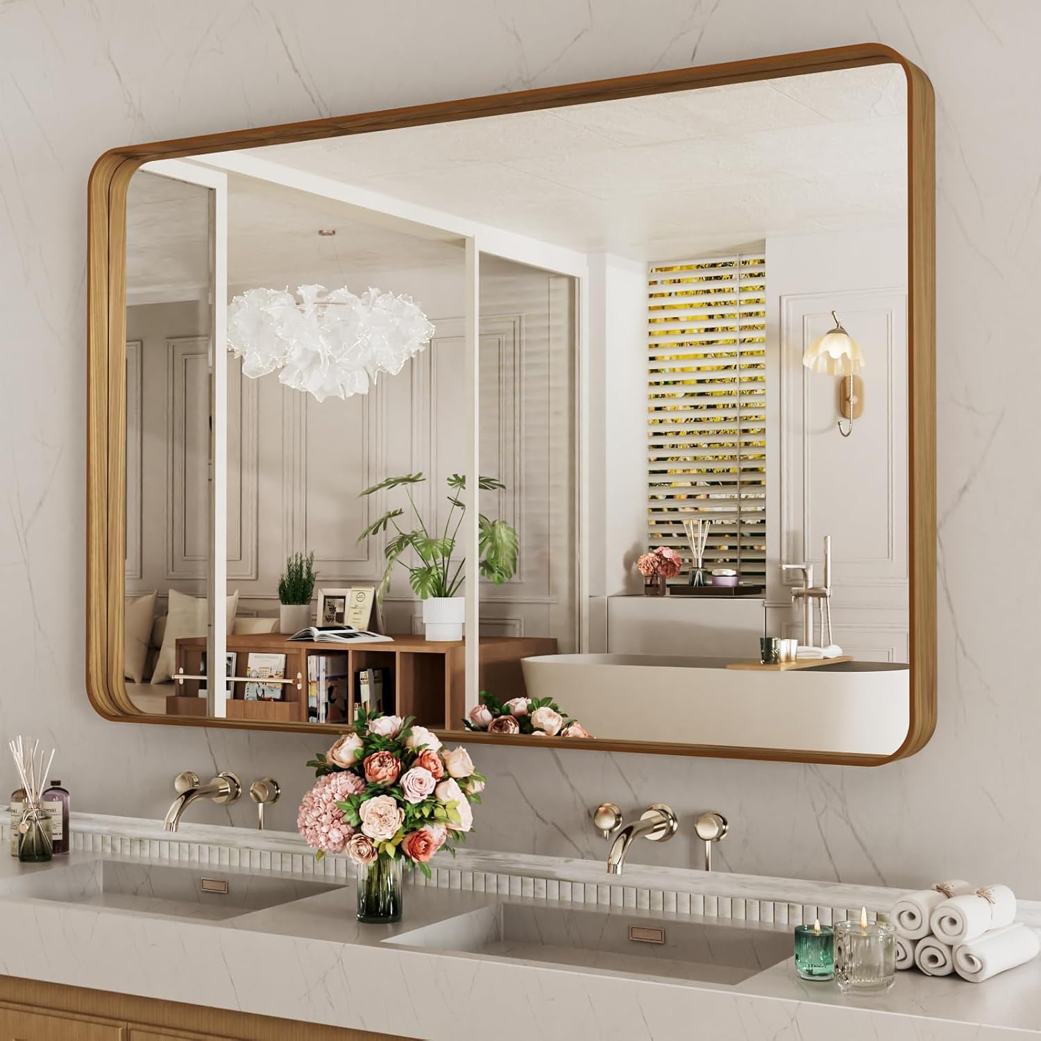 LOAAO 24”X36” Gold Bathroom Mirror, Rounded Rectangle Gold Frame Mirror, Brushed Gold Bathroom Vanity Mirror Wall-Mounted, Anti-Rust, Hangs Horizontally or Vertically