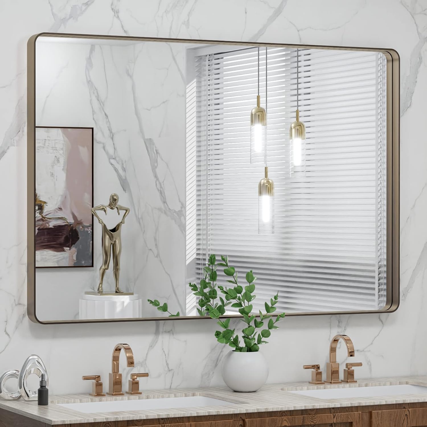 LOAAO 24”X36” Gold Bathroom Mirror, Rounded Rectangle Gold Frame Mirror, Brushed Gold Bathroom Vanity Mirror Wall-Mounted, Anti-Rust, Hangs Horizontally or Vertically