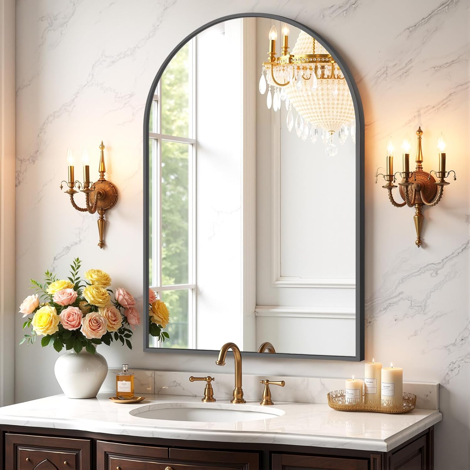 Bathroom Mirror for Wall, 30x22 Inch Rectangle Mirror, Matte Black Metal Framed Bathroom Vanity Mirror for Restroom Farmhouse, Anti-Rust, Tempered Glass, Horizontally or Vertically Hanging