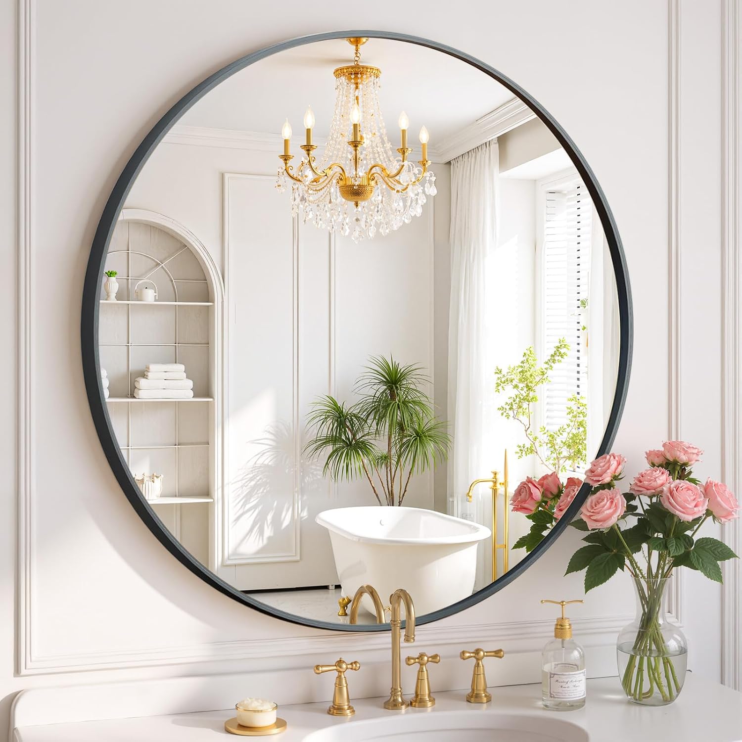 Round Wall Mirror 30 Inch Gold Vanity Mirror with Metal Frame, Modern Circle for Bathroom, Entryway, Bedroom, Living Room, Wall Mounted Decorative Mirrors