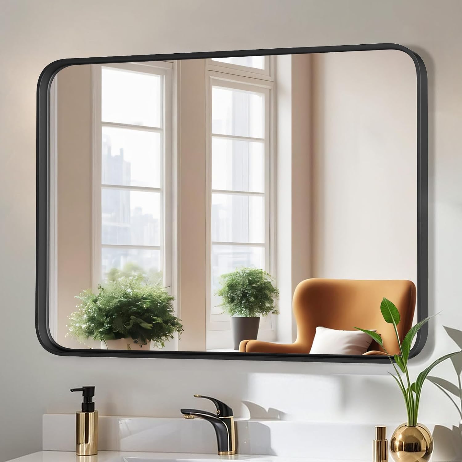 Bathroom Mirror for Wall, 30x22 Inch Rectangle Mirror, Matte Black Metal Framed Bathroom Vanity Mirror for Restroom Farmhouse, Anti-Rust, Tempered Glass, Horizontally or Vertically Hanging