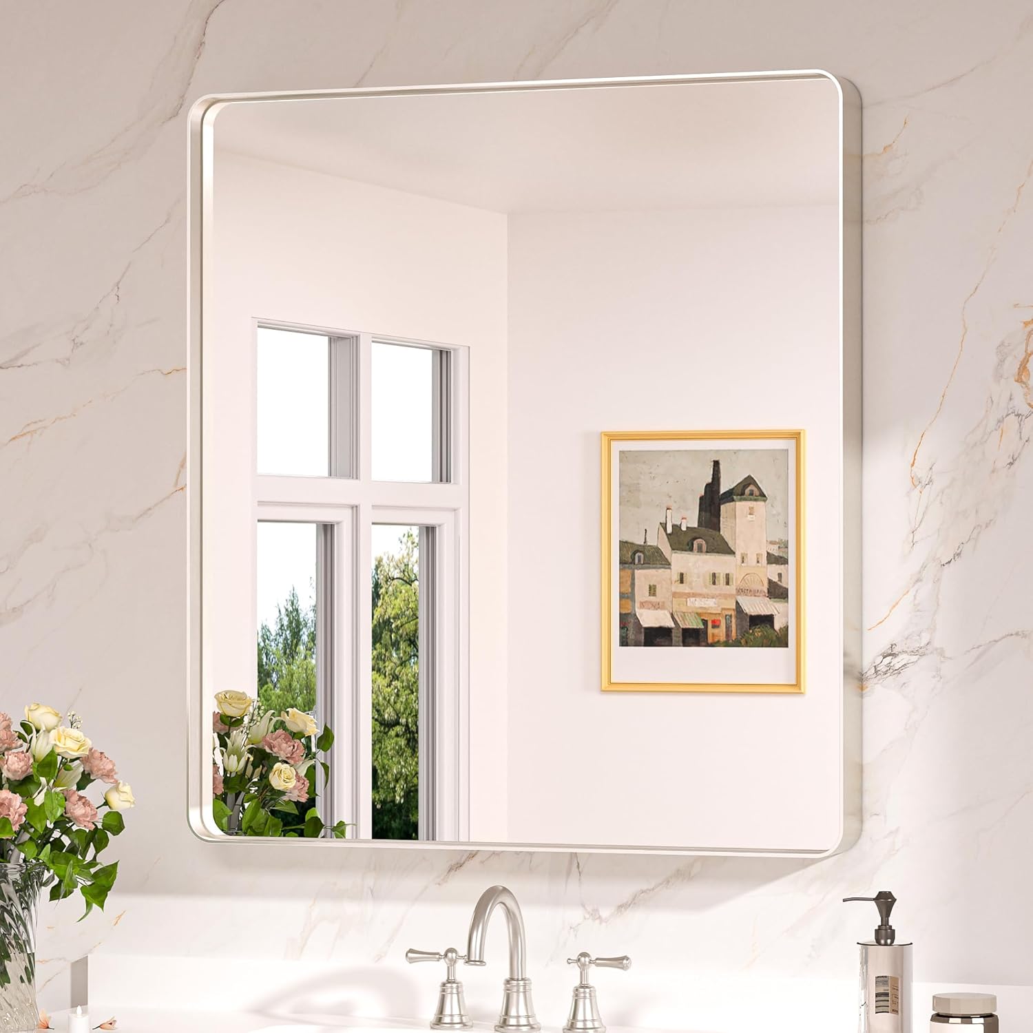 Keonjinn 20 x 30 Inch Brushed Nickel Bathroom Mirrors for Over Sink, Rounded Rectangle Silver Bathroom Vanity Mirror, Farmhouse Mirror for Wall, HD Tempered Glass, Anti-Rust Aluminum Alloy Mirror