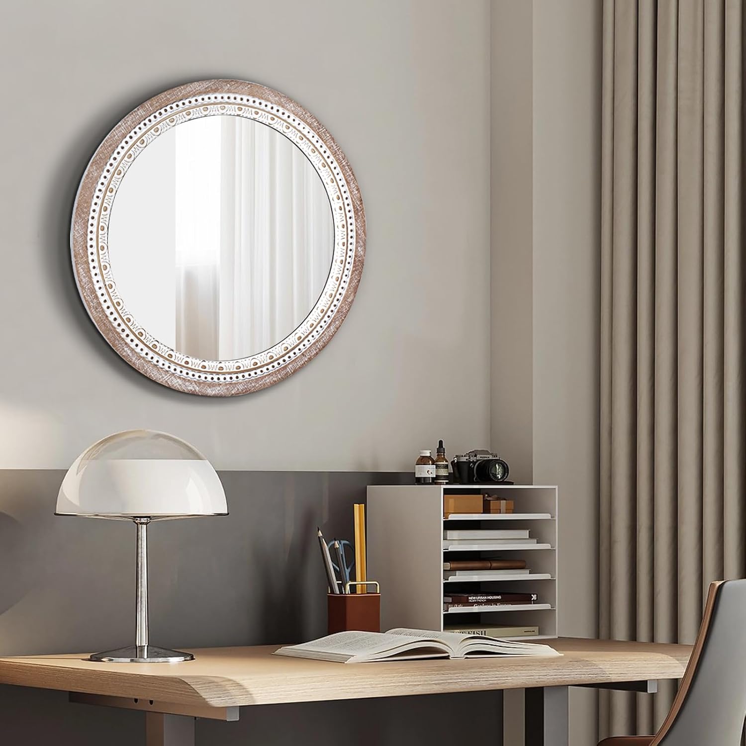 24 Inch Wooden Round Mirror for Wall Decor, Farmhouse Rustic Decorative Circle Mirrors with Beaded Frame, for Bedroom, Bathroom, Living Room, Entryway - Housewarming Gift